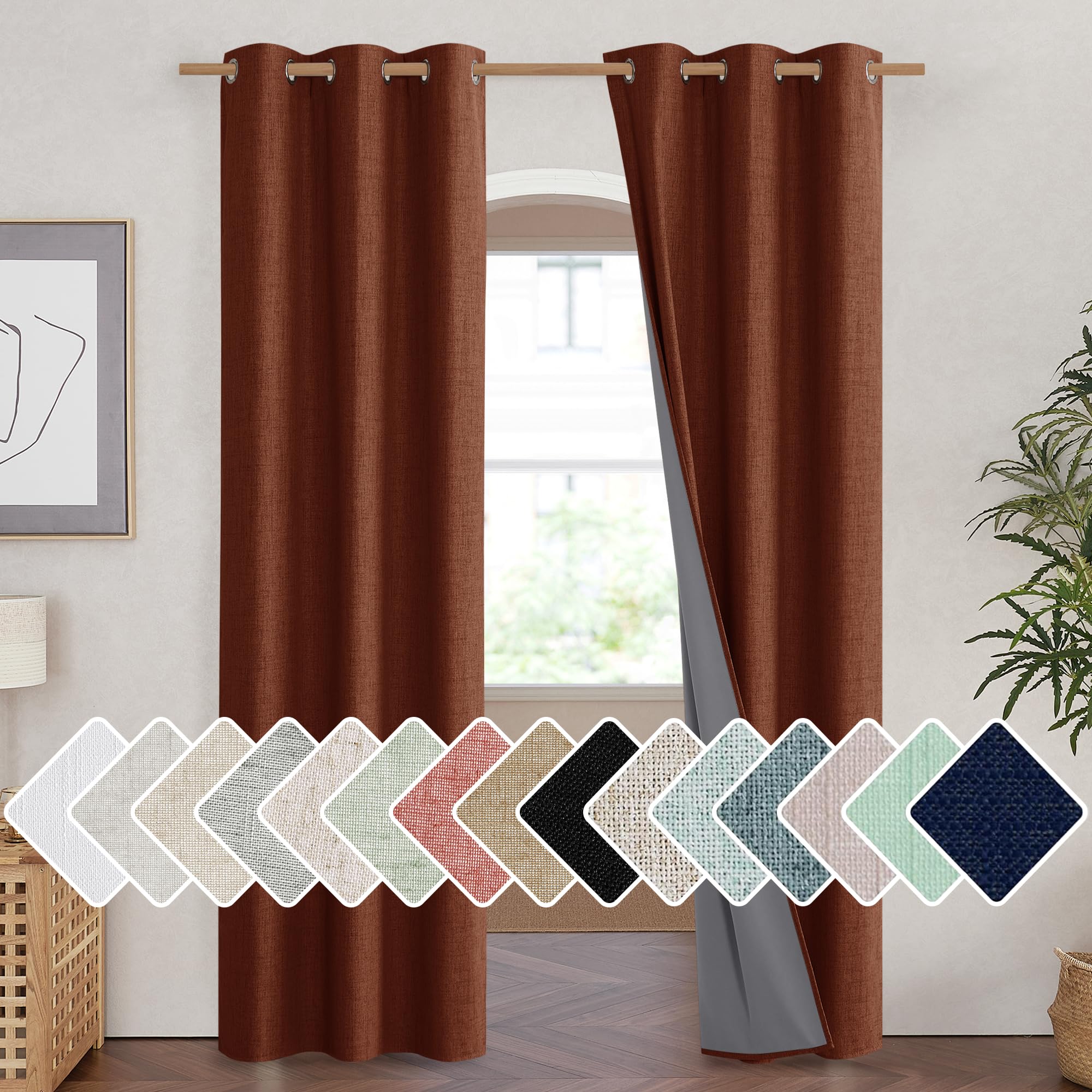 NICETOWN 100% Absolutely Blackout Linen Curtains with Thermal Insulated Liner, 42 Wide, 2 Panels, 84 Long Drapes, Grommet Retro 