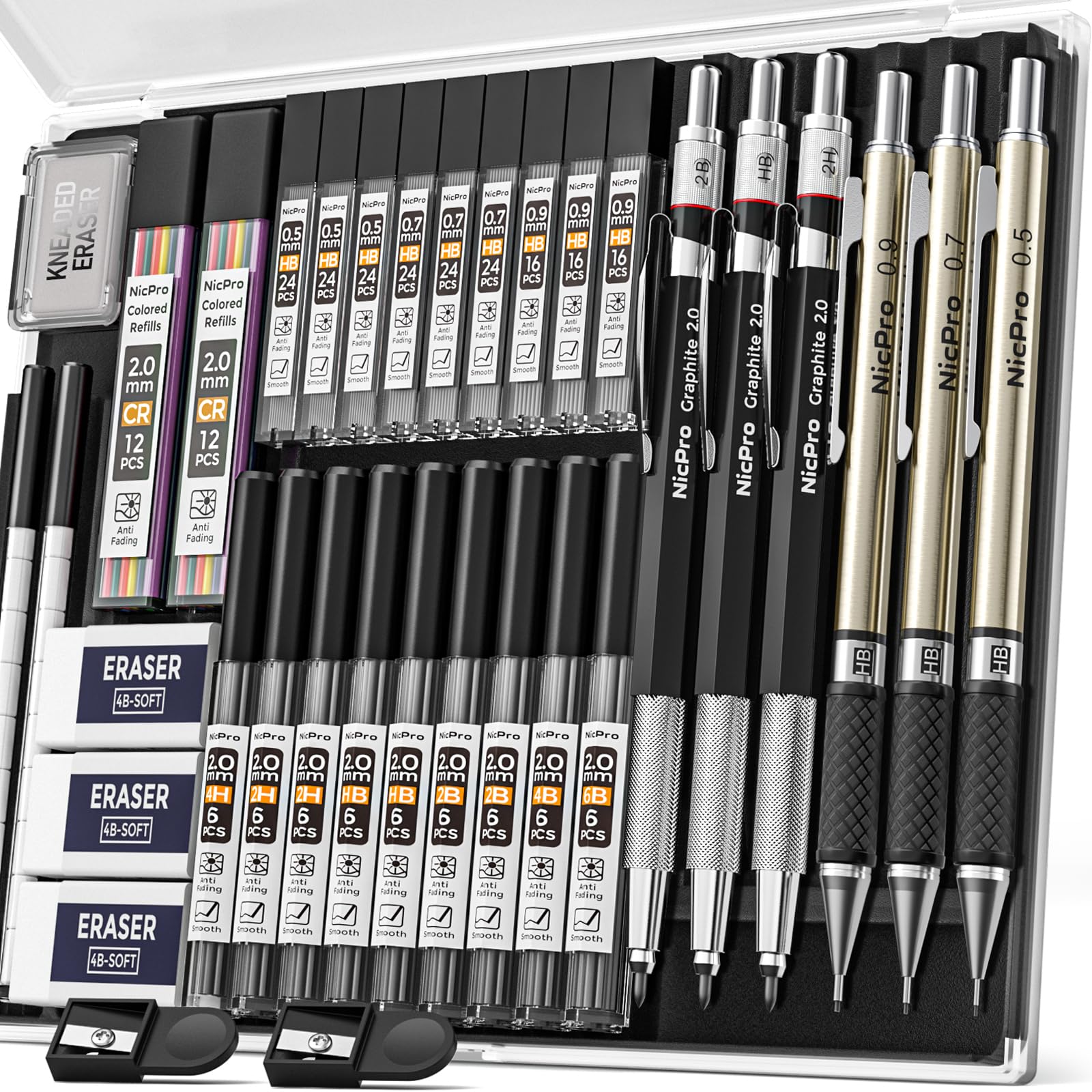 Nicpro 35Pcs Art Mechanical Pencil Set, 3 Pcs Metal Drafting Pencil 0.5 Mm & 0.7 Mm & 0.9 Mm & 3 Pcs 2Mm Lead Holder (6B 4B 2B H