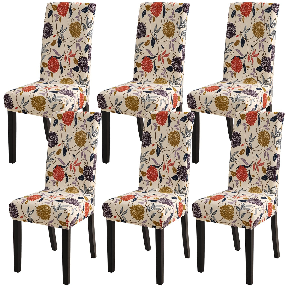 Fuloon Chair Covers For Dining Room 6 Pack, Solid Stretch Dining Chair Covers, Washable Kitchen Slip Covers, Parson Chair Covers Set Of 6 (Orange Floral, 6 Pack)
