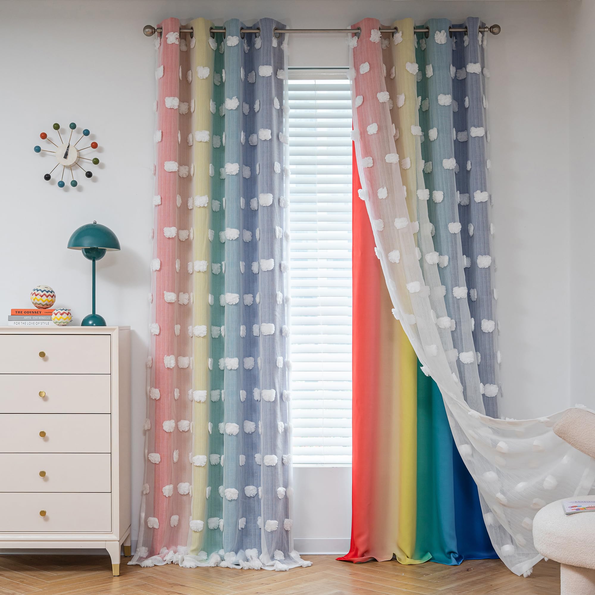 Mysky Home 95 Inch Long Rainbow Curtains For Girls Bedroom Double Layer Ombre Living Room Curtains White Pom Pom Blackout Sheer