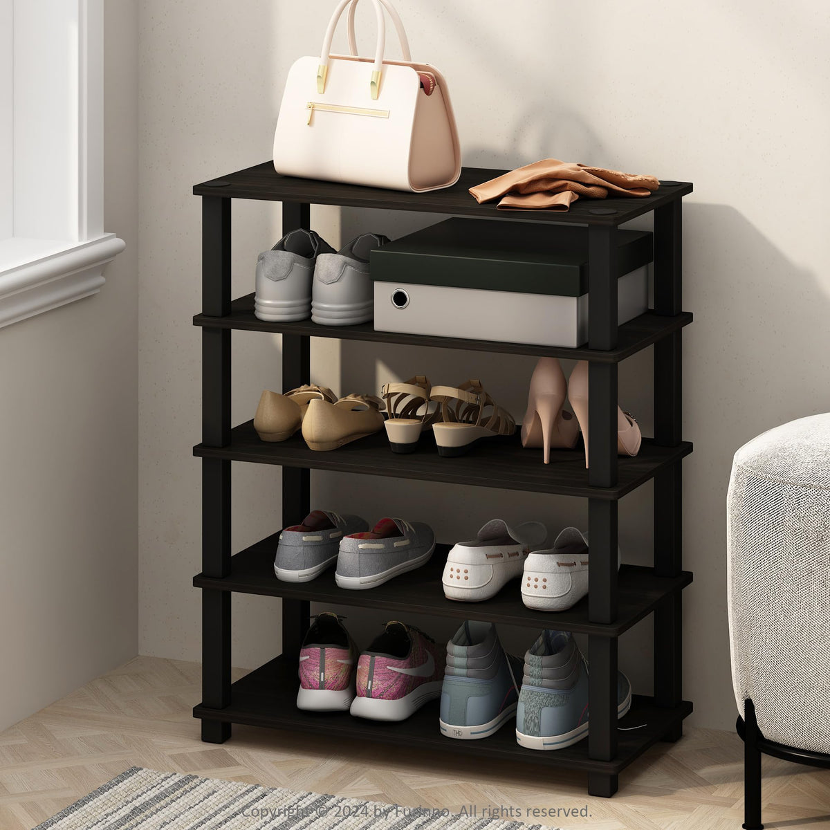 Furinno Turn-S-Tube 3-Tier Multipurpose Standing Shelves, Shoe Rack, Espresso/Black, Set of 2