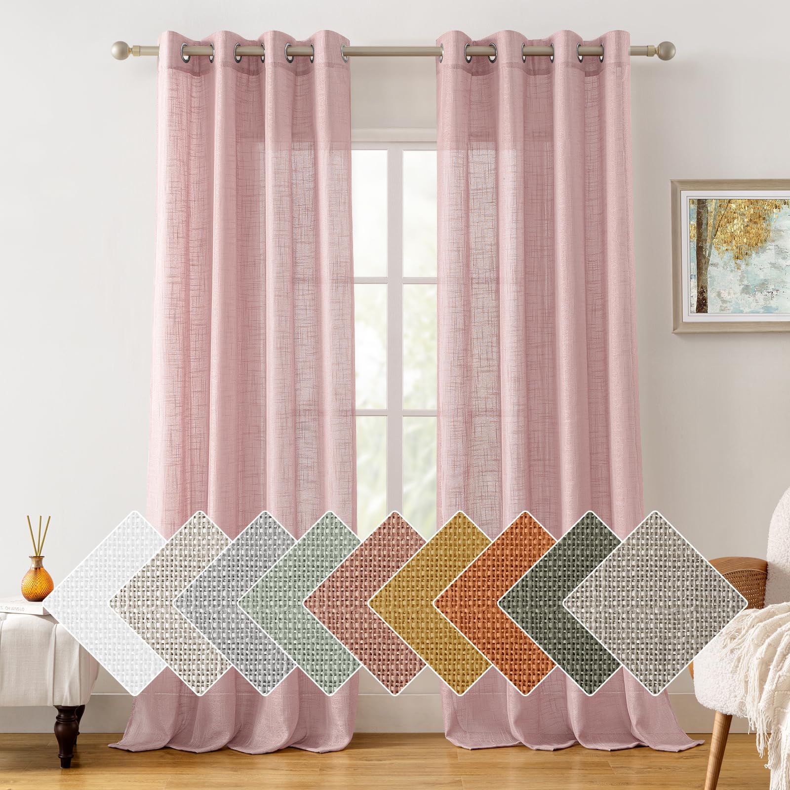 HOMEIDEAS Pink Linen Sheer Curtains 108 Inches Long 2 Panels Textured Semi Sheer Curtains Farmhouse Curtains Sheer Privacy Windo