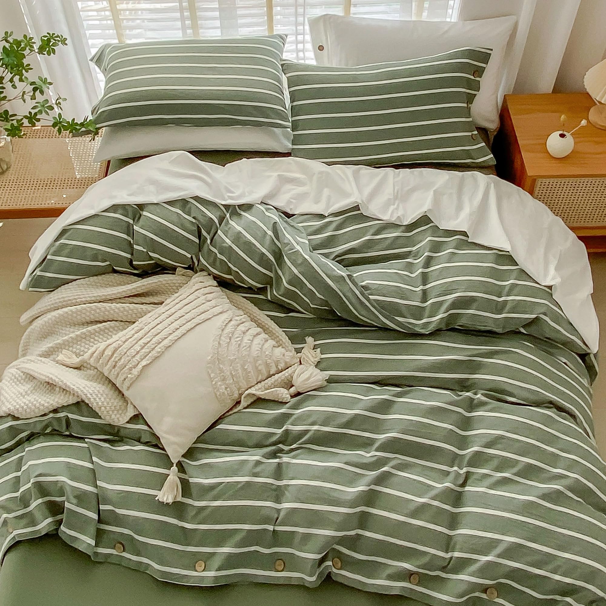 Jellymoni Cotton Striped Duvet Cover Full Size - 100% Washed Cotton Linen Like Textured Comforter Cover, 3 Pieces Breathable Sof