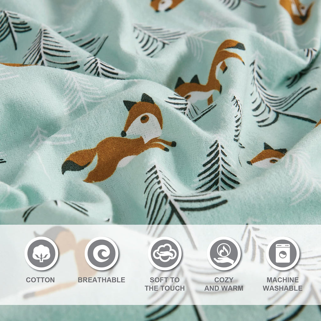 Comfort Spaces Cotton Flannel Breathable Warm Deep Pocket Sheets With Pillow Case Bedding, Twin Xl, Seafoam Foxes 3 Piece