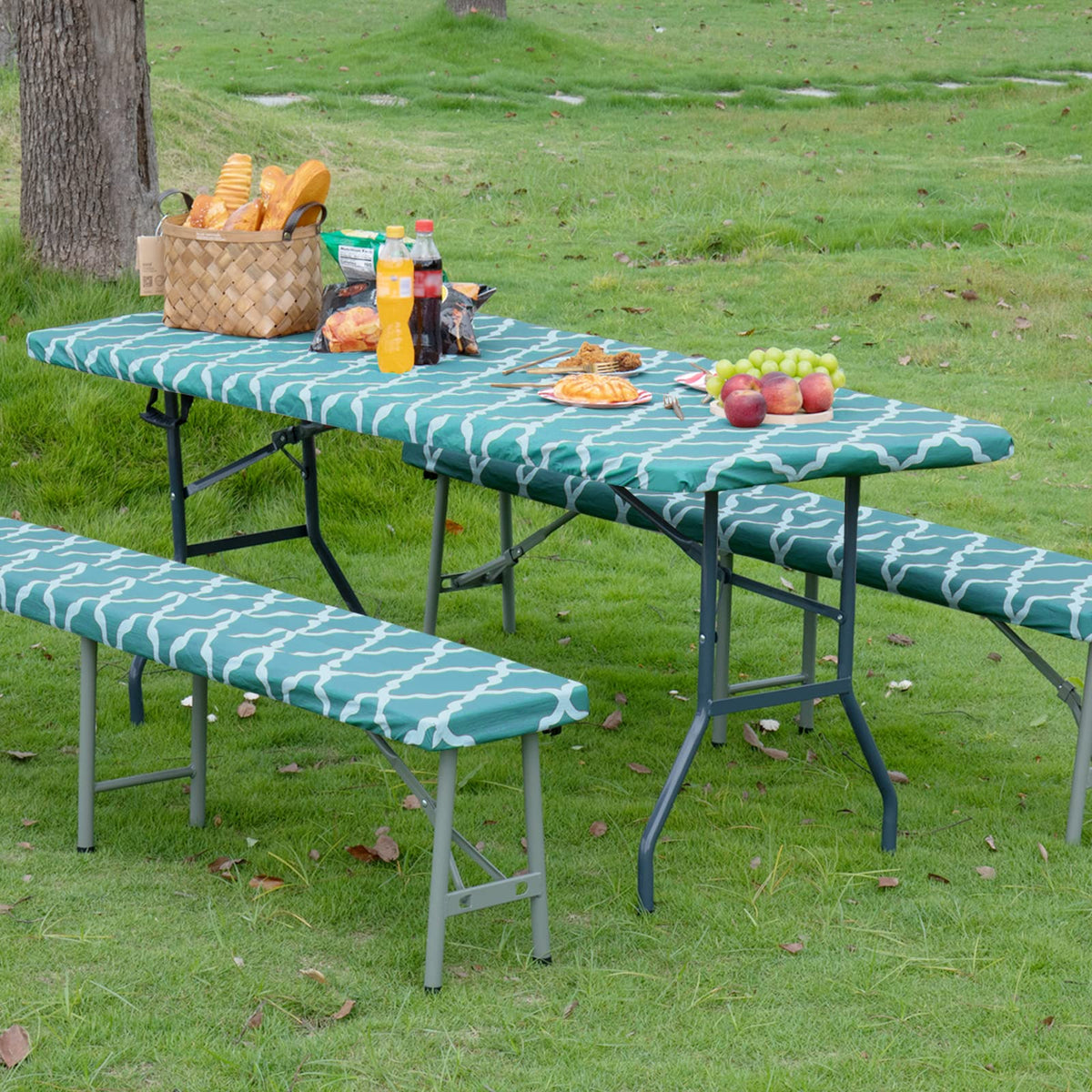 Easy-Going 100% Waterproof Picnic Outdoor Tablecloth With Bench Covers Fit 6 Foot Rectangle Table, 3-Piece Set Camping Table Cover With Seat Covers (30X72 In, Moroccan/Teal & White)