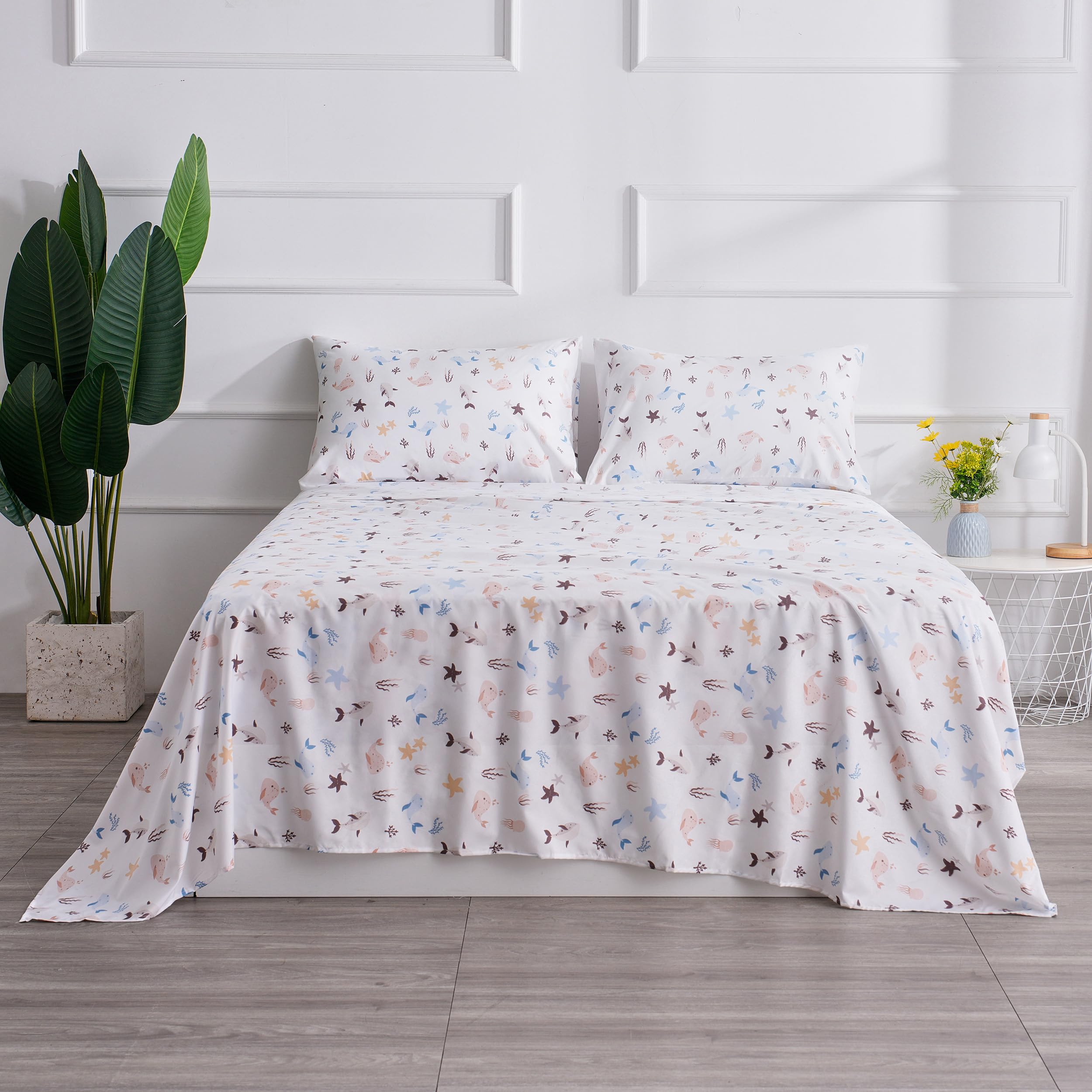 Sea Animal Full Sheets Fish Whale Underwater World Cute Cozy Fun Full Bed Sheet Set For Kids Girls Boys Children - Kids Bed Sheet Collection - Deep Pocket, Wrinkle Free And Soft Bedding - 4Pc