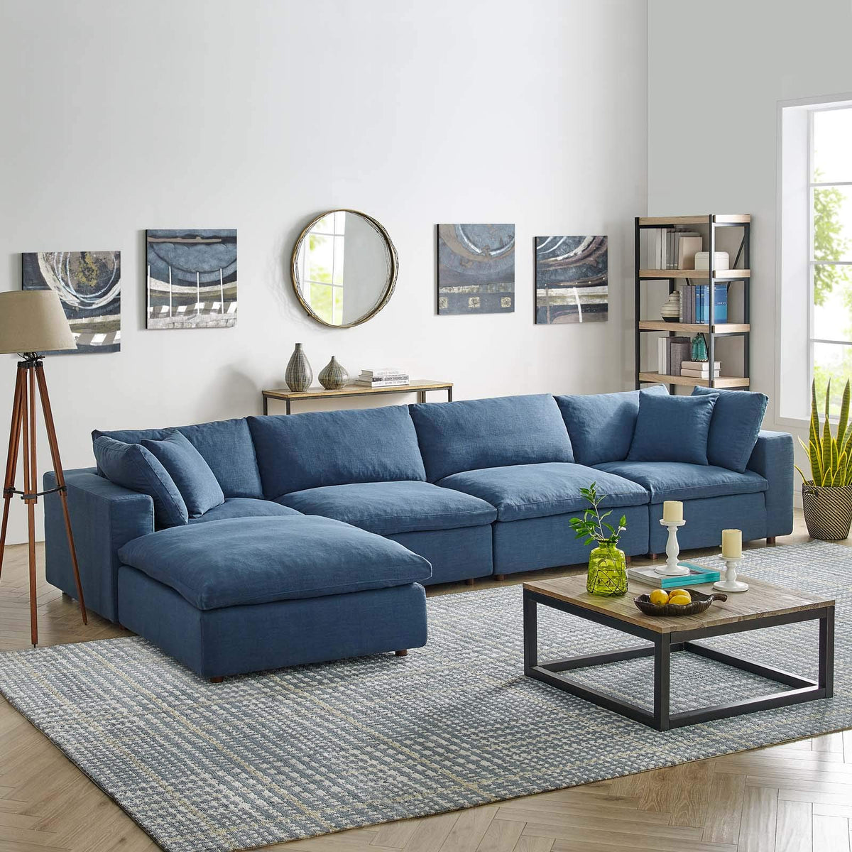 Modway Commix Down Filled Overstuffed 5 Piece Sectional Sofa Set, Seating For 4-Ottoman, Gray