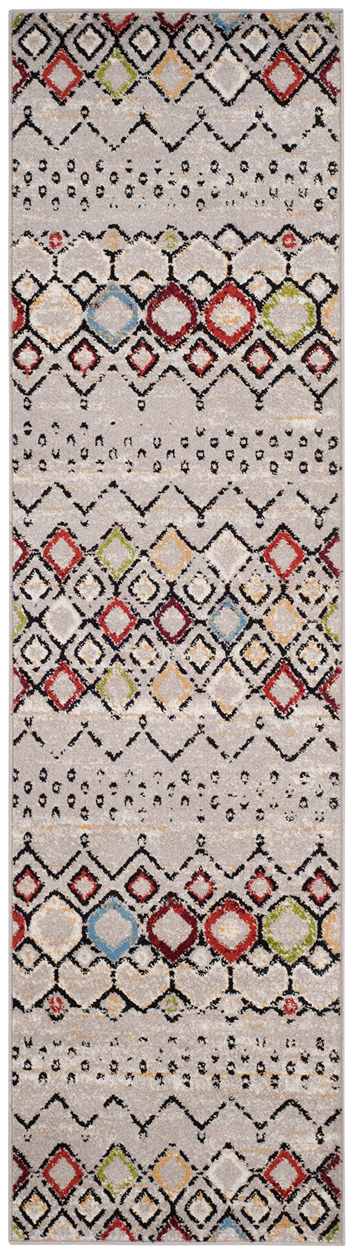 Safavieh Amsterdam Collection Runner Rug - 2'3'' X 18', Light Grey & Multi, Moroccan Boho Design, Non-Shedding & Easy Care, Idea
