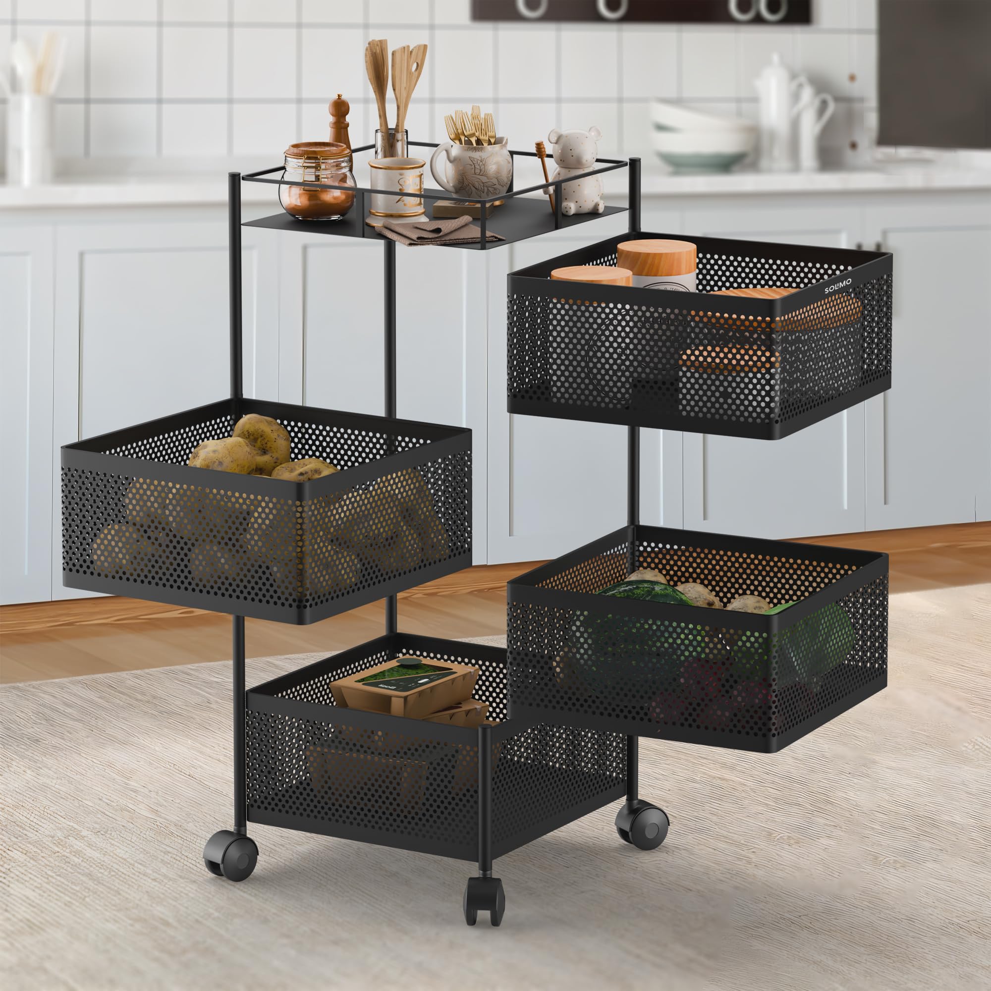 Amazon Brand  Solimo 360 Revolving Preassembled Portable 4 Layer Square Multipurpose Storage Kitchen Rack Carbon Steel Fruit Ve