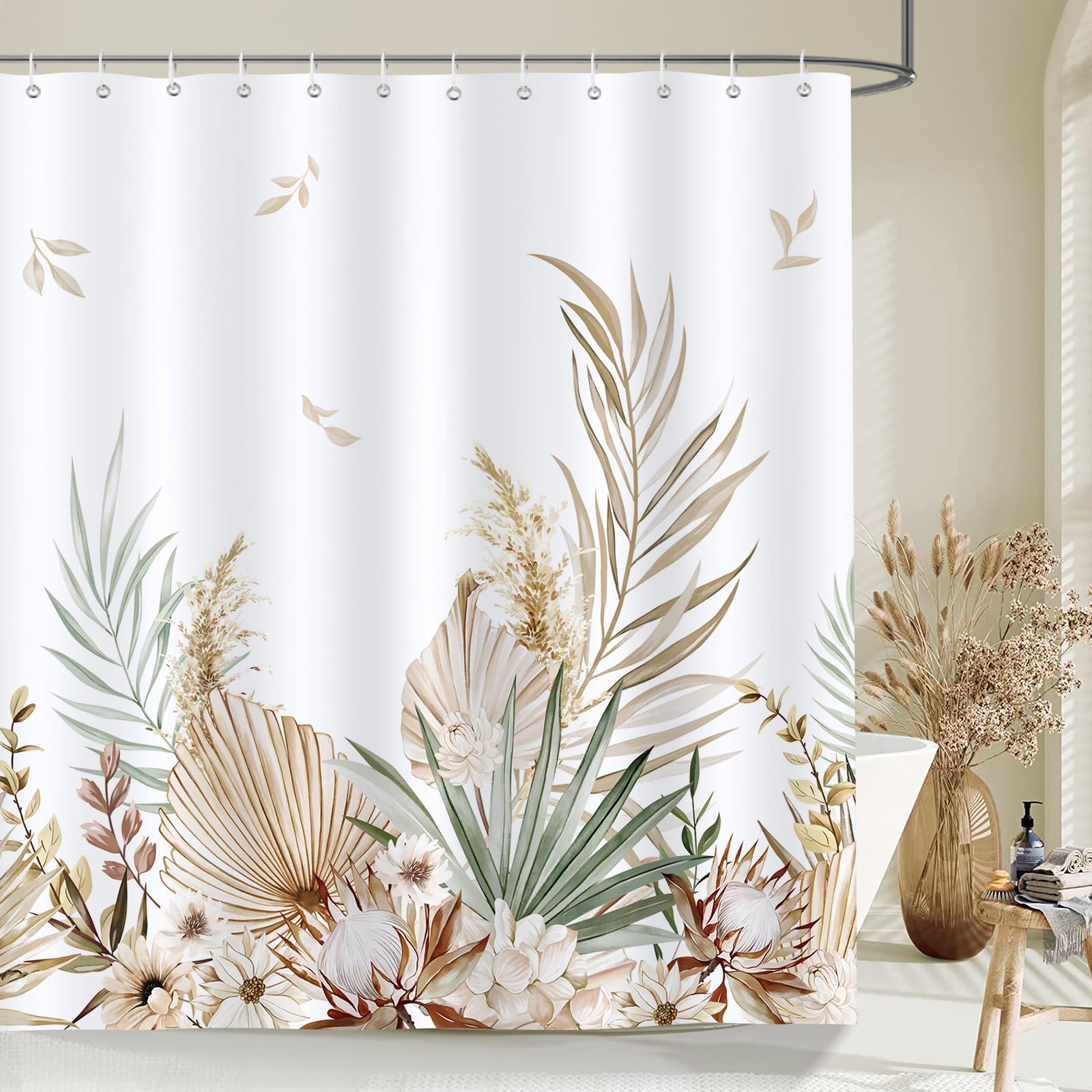 Bonhause Boho Leaves Shower Curtain, Watercolor Tan Leaf Floral Plant Modern Bathroom Curtain 72x72 Inch Polyester Fabric Waterp