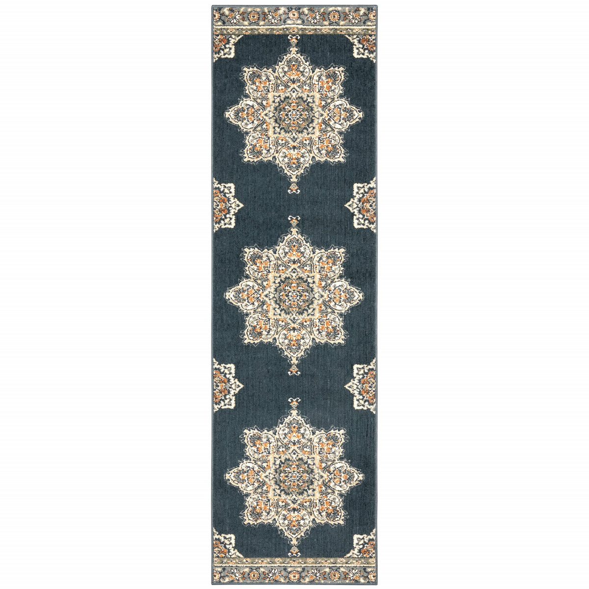 HomeRoots Polyester 2’ x 7’ Blue and Beige Floral Medallion Indoor Runner Rug