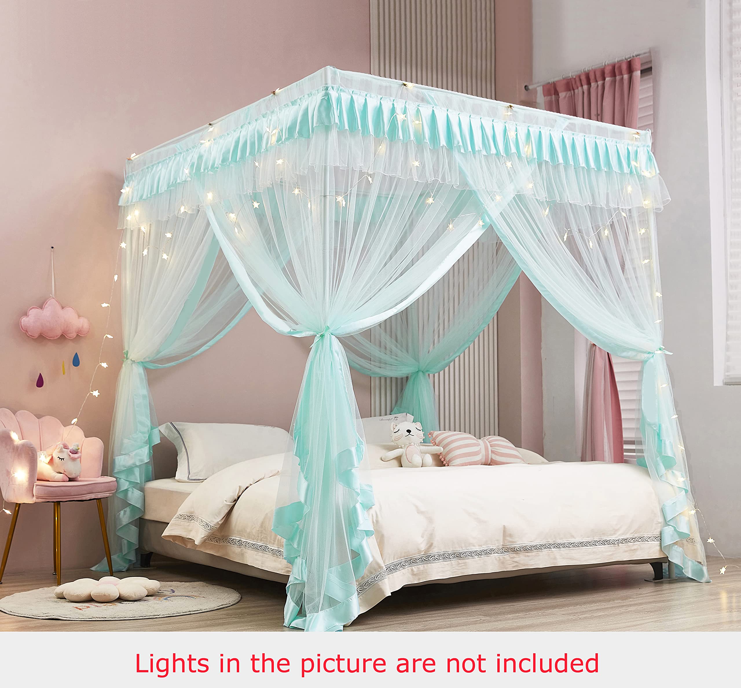 Mengersi 4 Corners Canopy Bed Curtains For Girls Kids Adults - Bed Drapes - 4 Opening Mosquito Net - Cute Princess Bedroom Decor