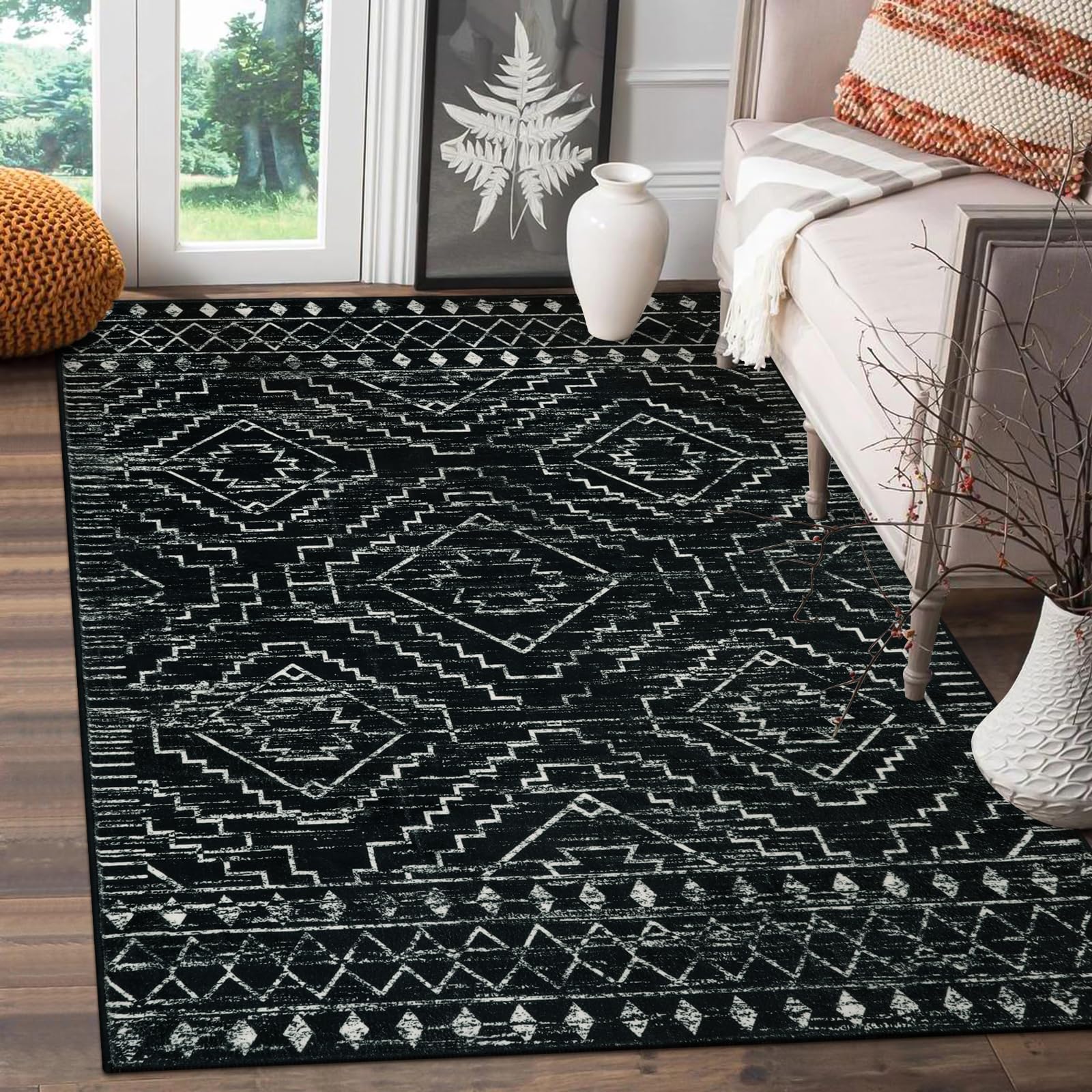 Wonnitar Moroccan 3x5 Rug,Black Washable Small Rug for Bedroom,Non-Slip Geometric Tribal Entry Throw Mat,Bohemian Farmhouse Rust