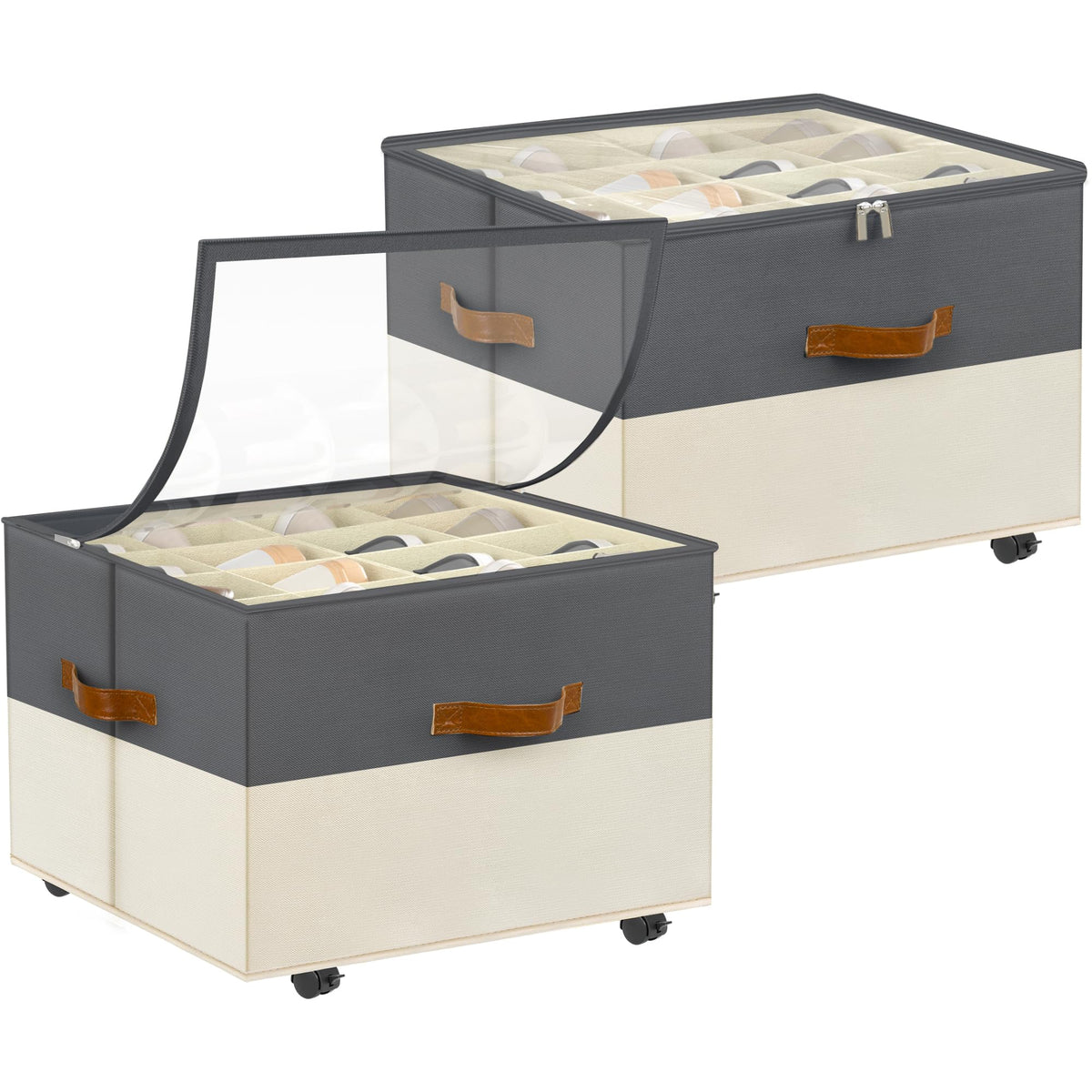 Foyego 2 Pack Shoe Organizer for Closet, with Wheels, Beige and Grey