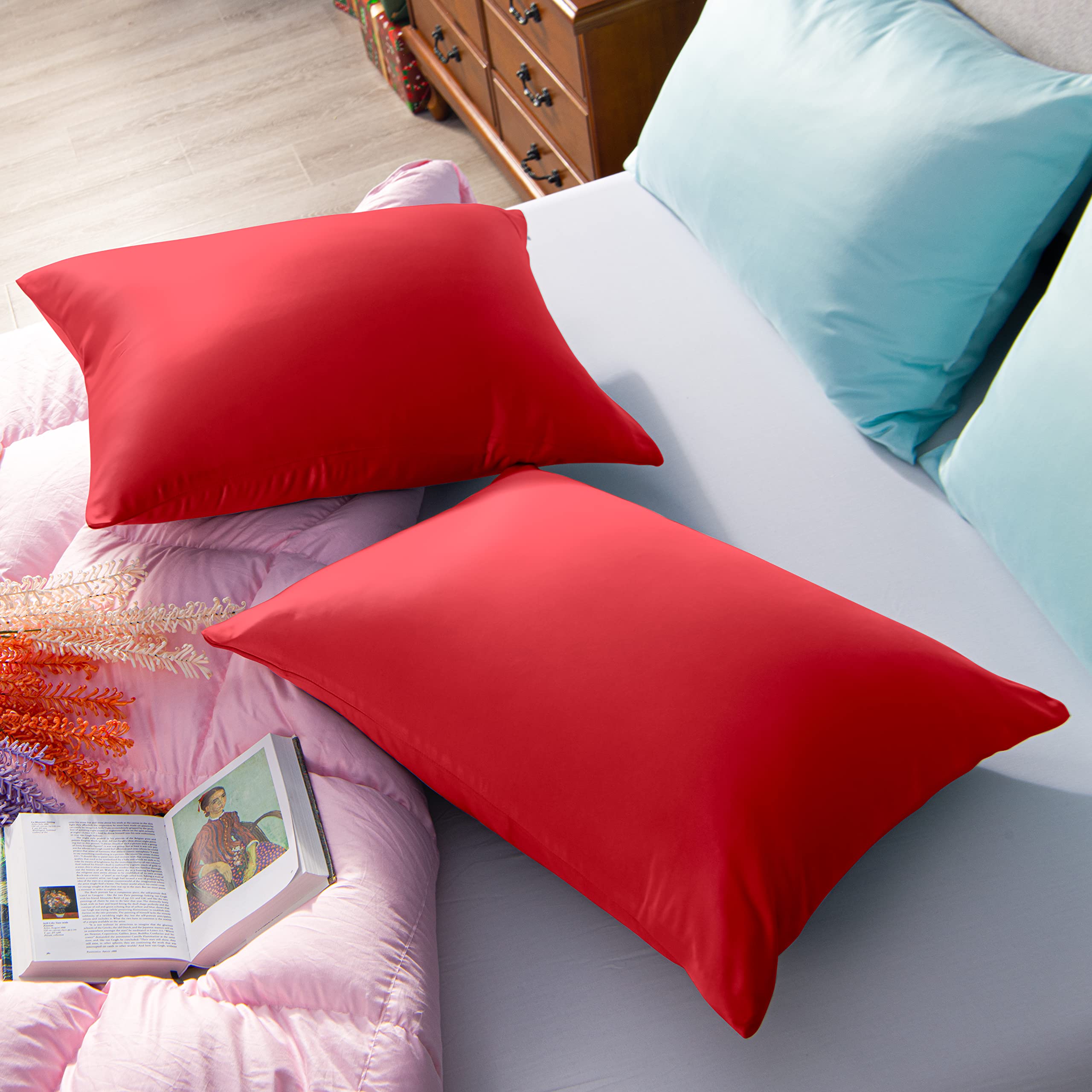 Ntbay Zippered Satin Pillow Cases For Hair And Skin, Luxury King Hidden Zipper Pillowcases Set Of 2, 20X36 Inches, Red