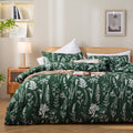 JANZAA Duvet Cover Queen Size,3 Pieces Floral Emerald, Botanical Green Duvet Cover,Microfiber Soft Bedding Set with Zipper Closu