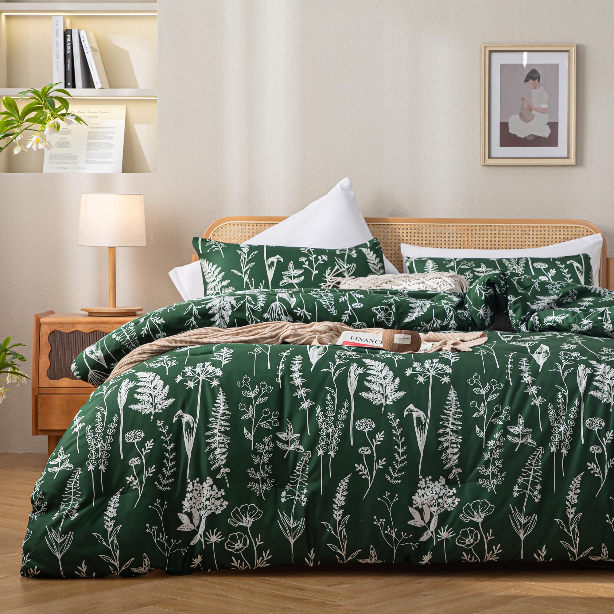 JANZAA Duvet Cover Queen Size,3 Pieces Floral Emerald, Botanical Green Duvet Cover,Microfiber Soft Bedding Set with Zipper Closu
