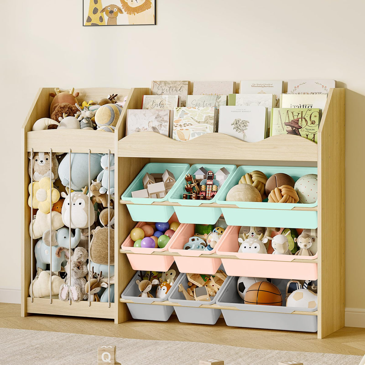 EXPERLAM Kids Toy Organizer, Scalloped Shelf, Plush Holder, 9 Colorful Bins