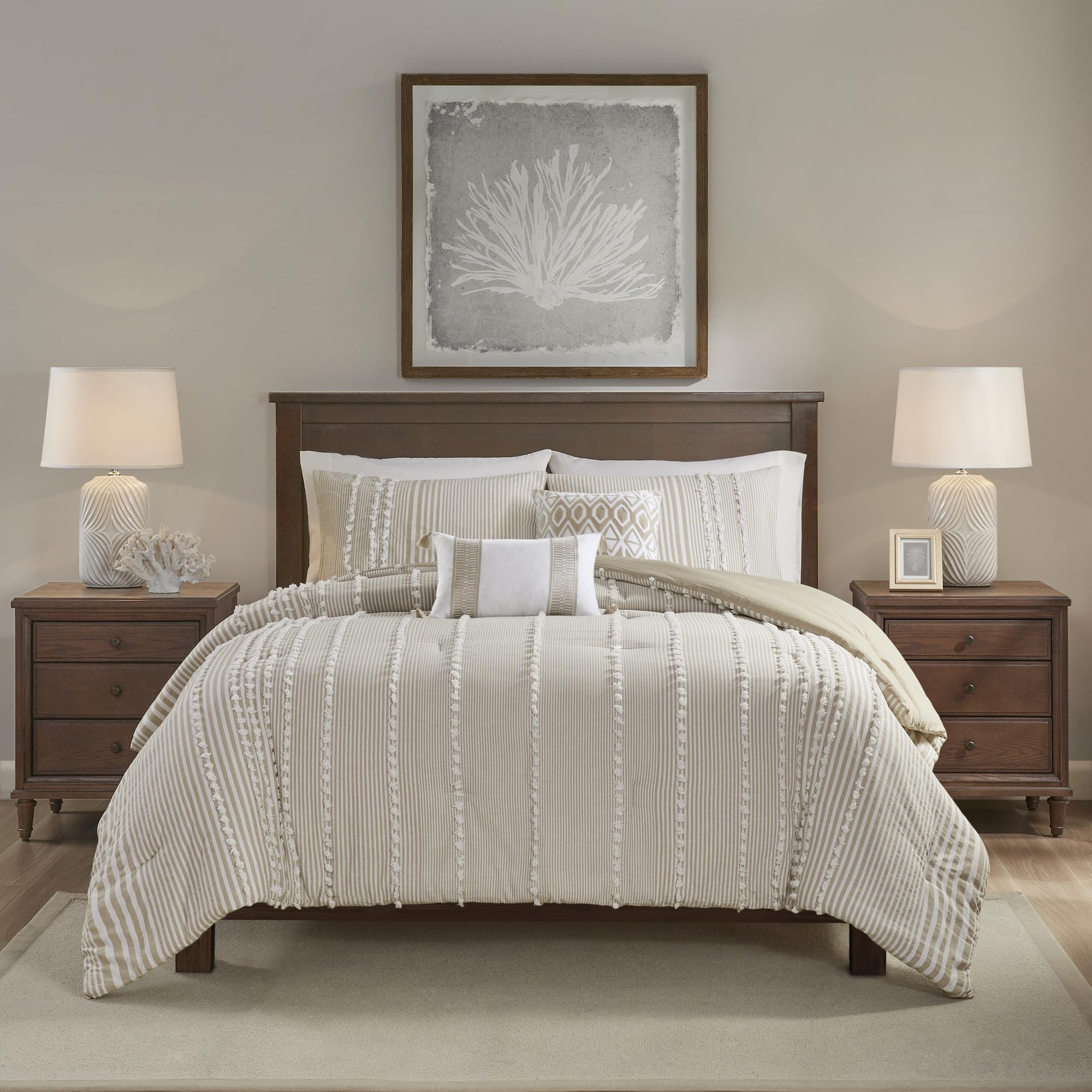 Harbor House Cotton Comforter Set - Trendy Tufted Textured Design, All Season Down Alternative Cozy Bedding With Matching Shams, Anslee Pom Pom Taupe King/Cal King(110'X96') 3 Piece