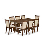 East West Furniture V777Mzn32-9 9 Piece Dining Room Furniture Set Includes A Rectangle Dining Table With V-Legs And 8 Light Beige Linen Fabric Upholstered Chairs, 40X72 Inch, Multi-Color