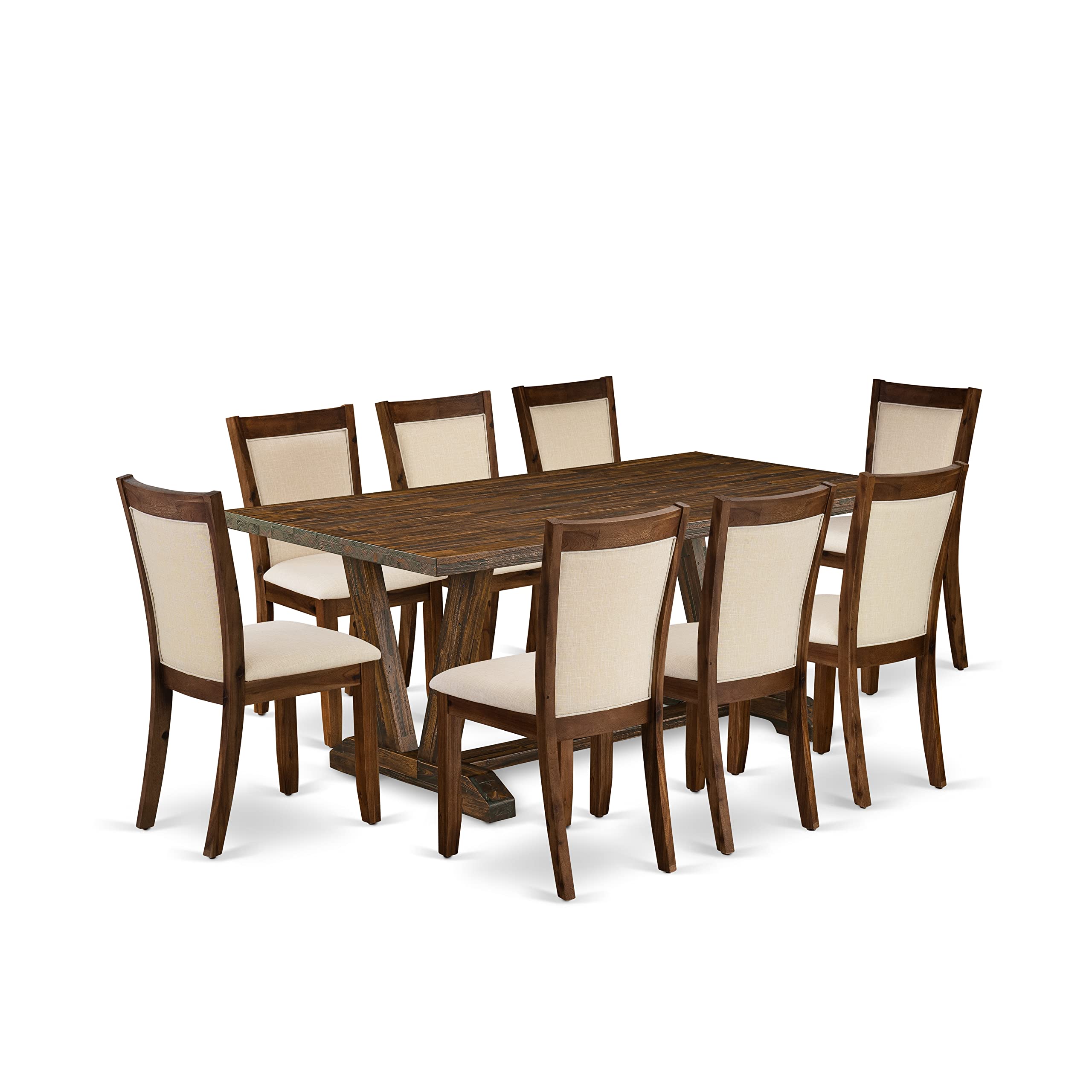 East West Furniture V777Mzn32-9 9 Piece Dining Room Furniture Set Includes A Rectangle Dining Table With V-Legs And 8 Light Beige Linen Fabric Upholstered Chairs, 40X72 Inch, Multi-Color