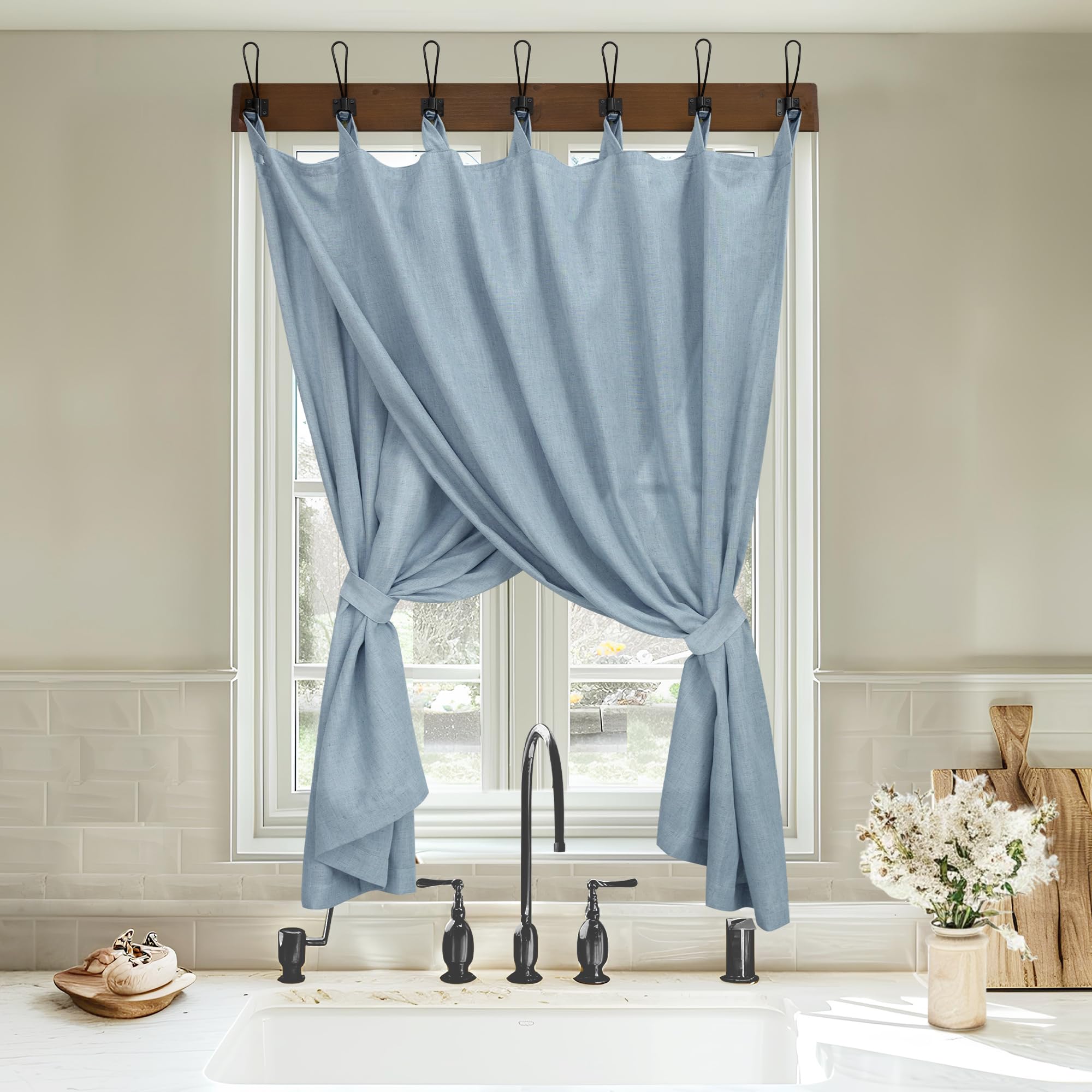 Koufall Blue Kitchen Window Curtains Over Sink,Tab Top Farmhouse Boho Country Mini Curtains Sets,Dusty Grey Light Blue