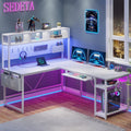 SEDETA White L Shaped Gaming Desk, Reversible Corner Desk with Power Outlet and Pegboard, L Shaped Desk with Hutch, Storage Shel