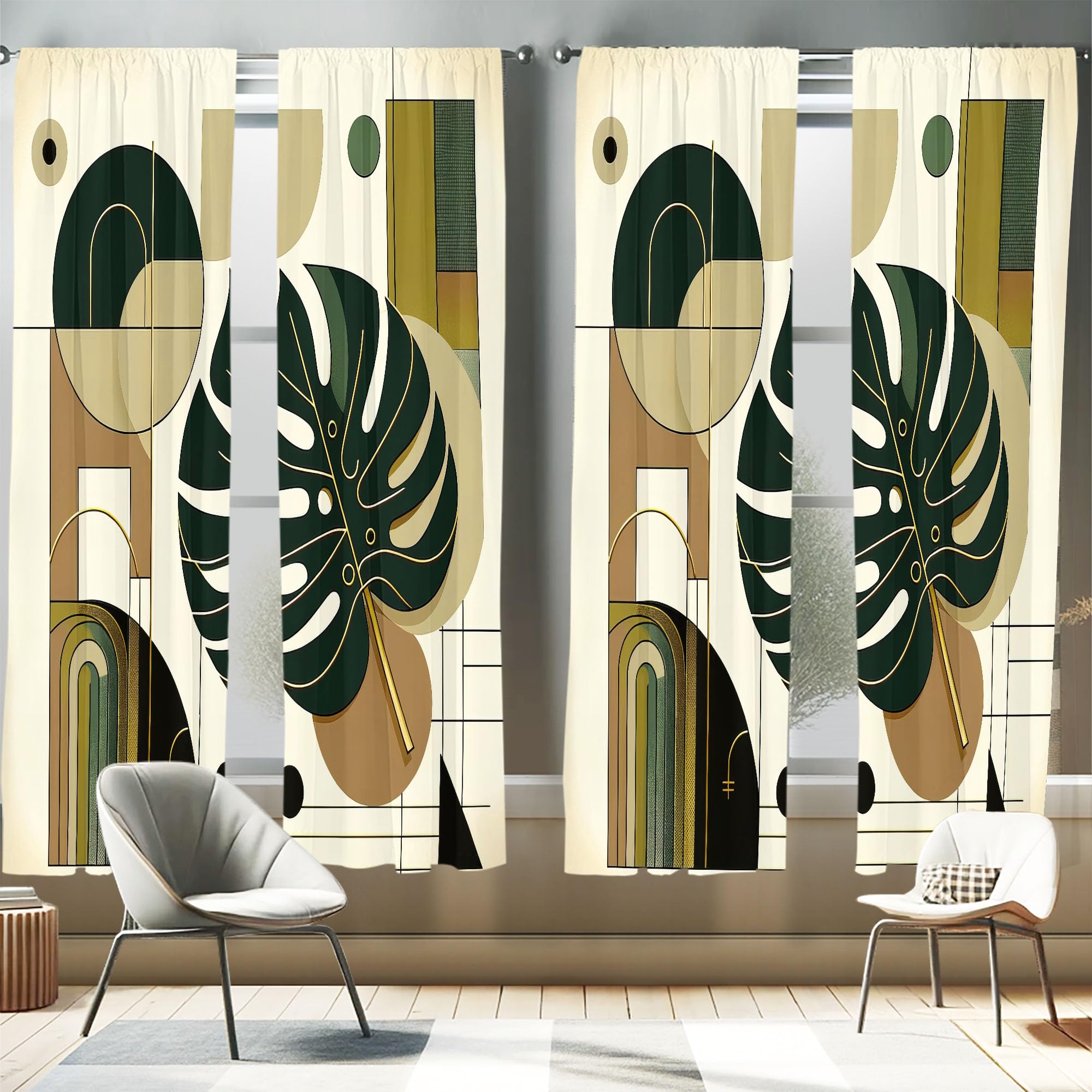 Ambesonne Modern Window Curtains Pack of 2, Monstera Leaf with Mid Century Boho Geometric Rounds Lines Minimalist, Lightweight S