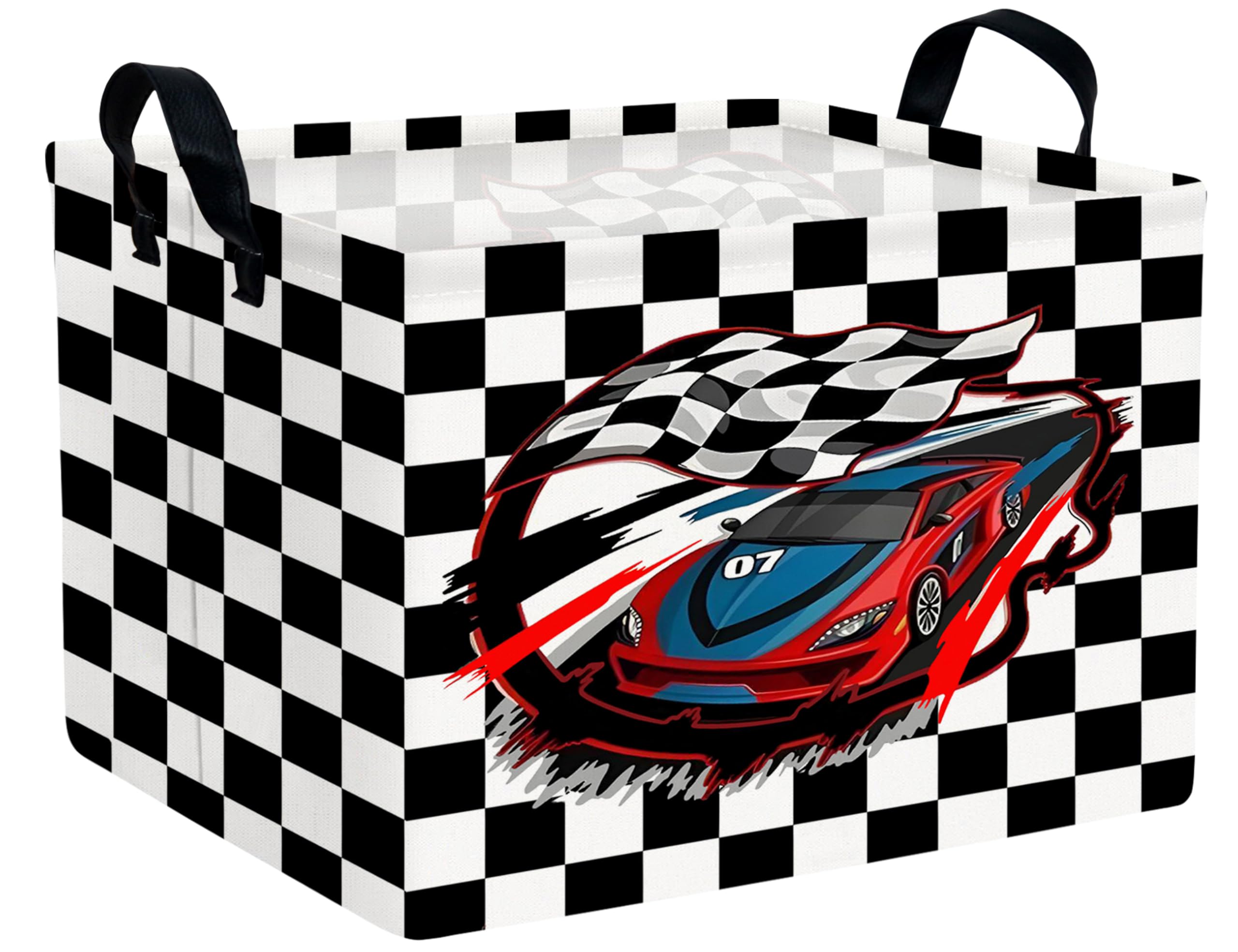 BOOHIT Large Boys Checkered Basket Canvas Kids Toy Storage Bin Nursery Baby Organizing Decor (Check Racing Car)
