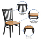 Flash Furniture HERCULES Series Black Vertical Back Metal Restaurant Chair - Natural Wood Seat