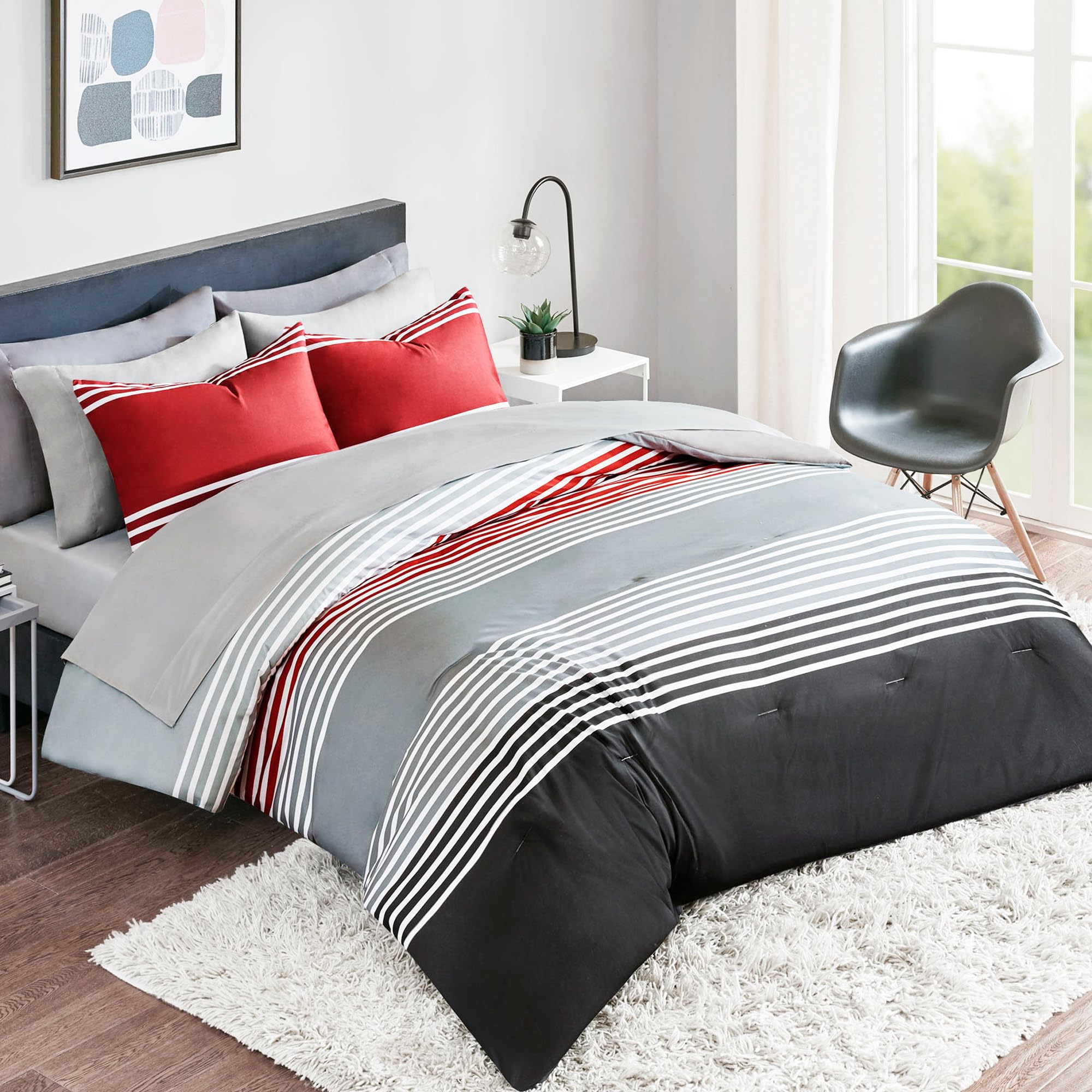 Comfort Spaces Queen Comforter Sets With Sheets - Bed In A Bag 9 Pieces Teen Bedding Sets Queen, Red And Grey Stripes Bedding Qu