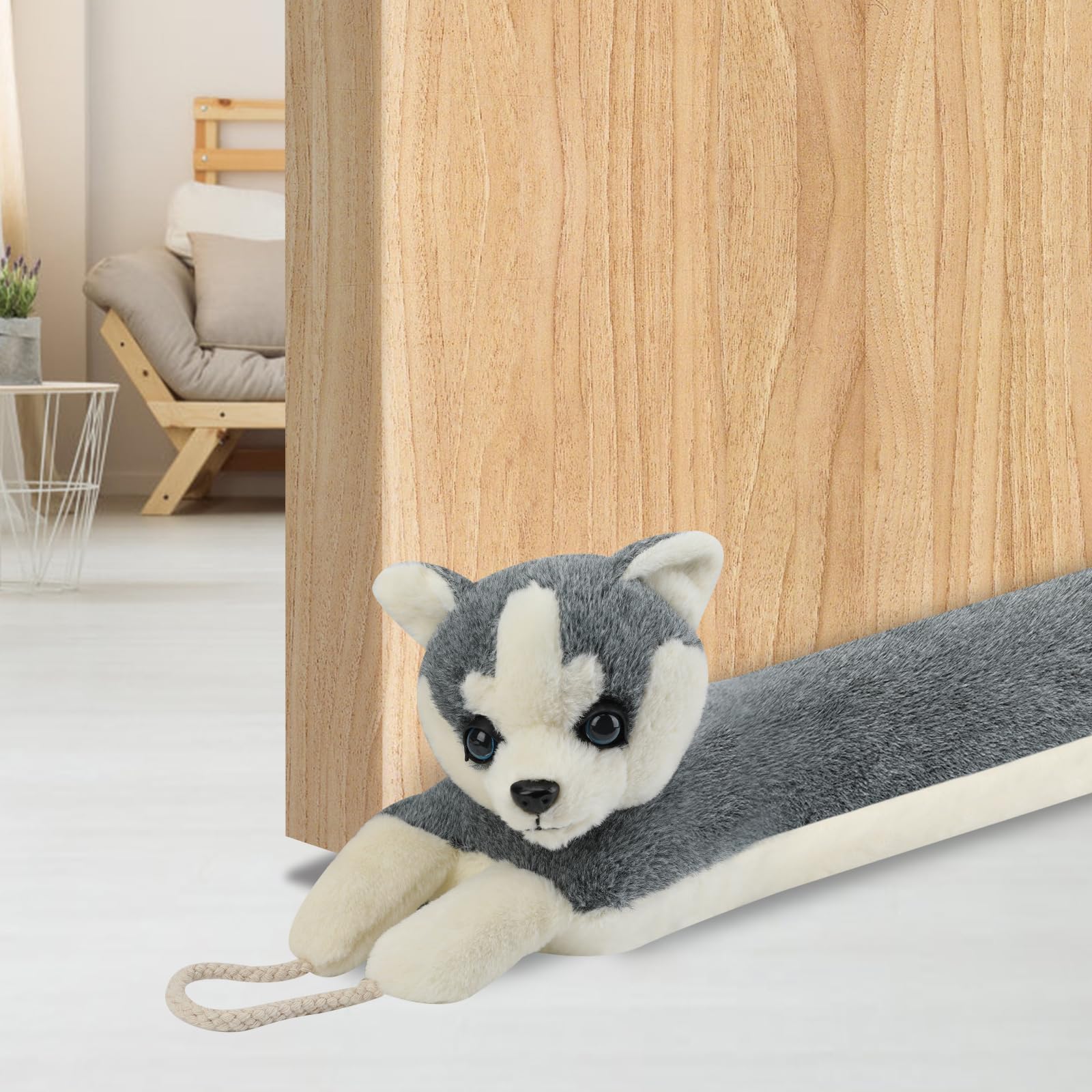 Magzo Under Door Draft Stopper 36 Inch, Weighted Animal Noise Blocker For Door, Huskey Dog Draft Guard With Hook Loops