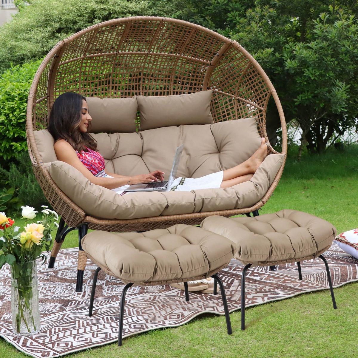 Nicesoul Double Egg Chair With Footstools & Cushions, Oversized Wicker Boho Chair Extra Large Chair With Footrests Stationary 2 Person Loveseat Comfort Deep Seating For Indoor Outdoor