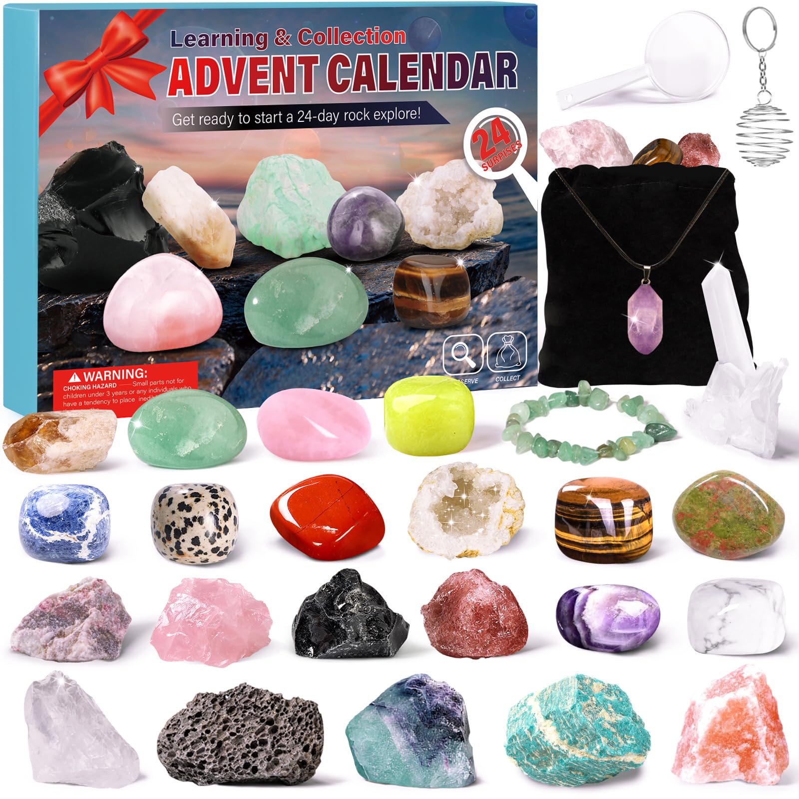 Crystal Advent Calendar 2024 Adult Kids-24 Days Rocks,Gemstones,Geode,DIY Bracelet,Crystal Necklace,Stone Learning Collection Ad