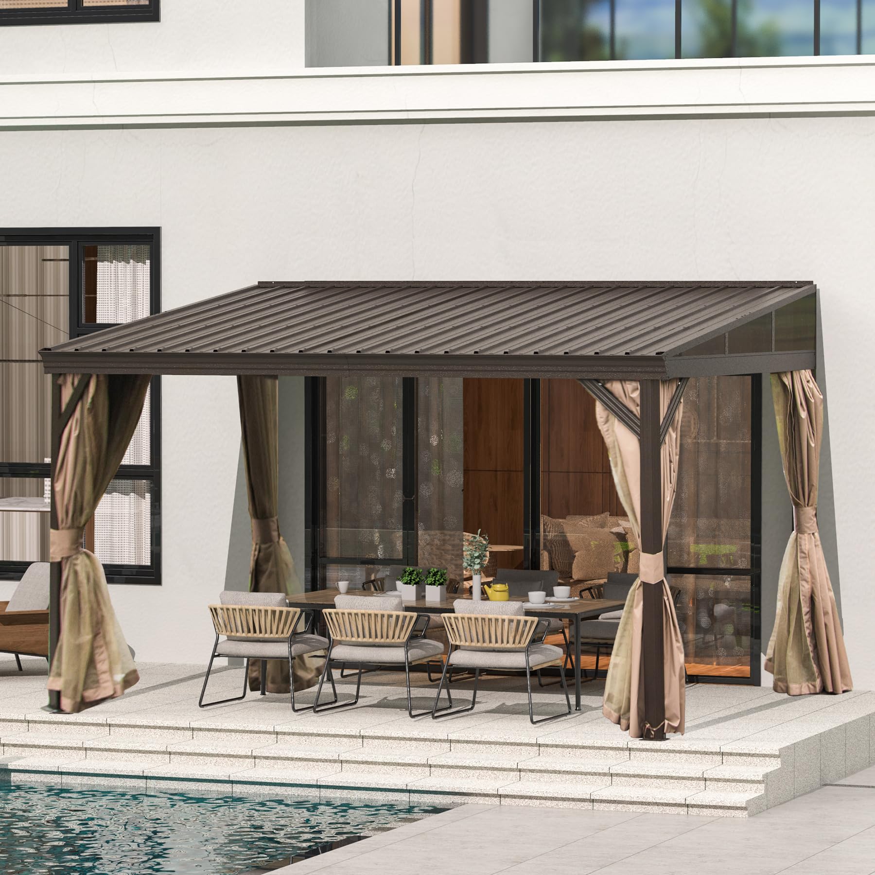 Domi 12X14Ft Lean To Gazebo, Hardtop Wall Mounted Gazebo With Sloping Galvanized Steel Roof, Wall Pergola With Aluminum Frame, C