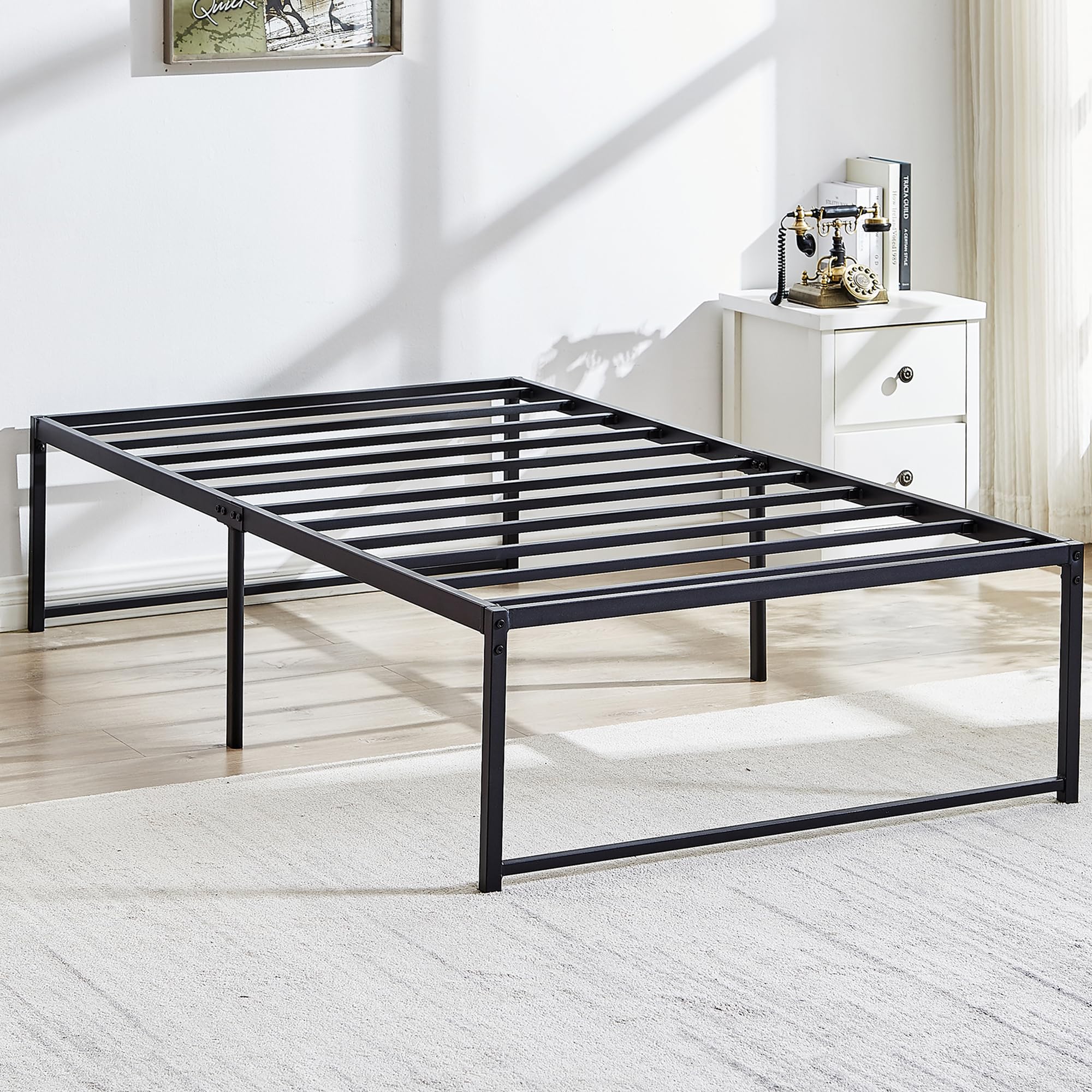 Vecelo 16' Metal Platform Tall Bed Frame,Mattress Foundation/No Box Spring Needed/Heavy Duty Steel Slat Support (Twin Size)