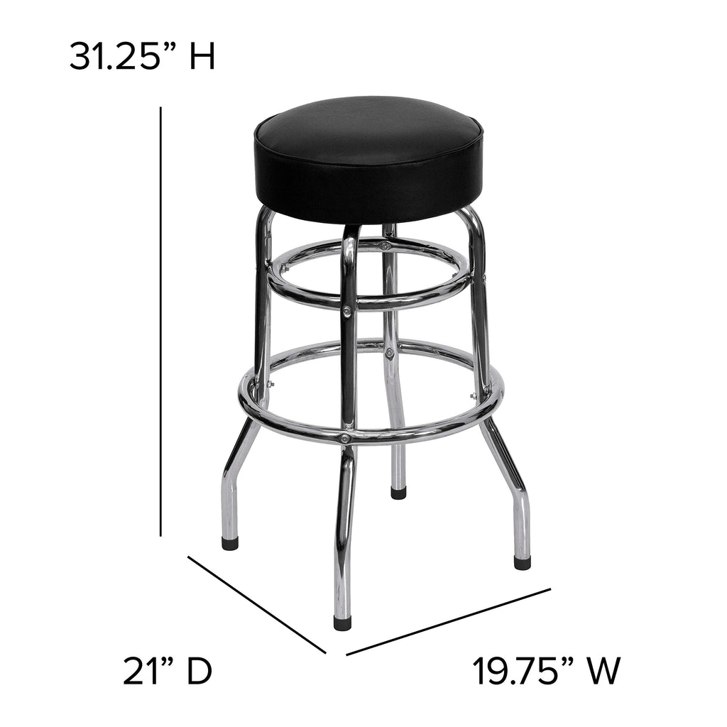 Flash Furniture Bruno Double Ring Chrome Backless Barstool with Black Upholstered Seat and Integrated Footrest