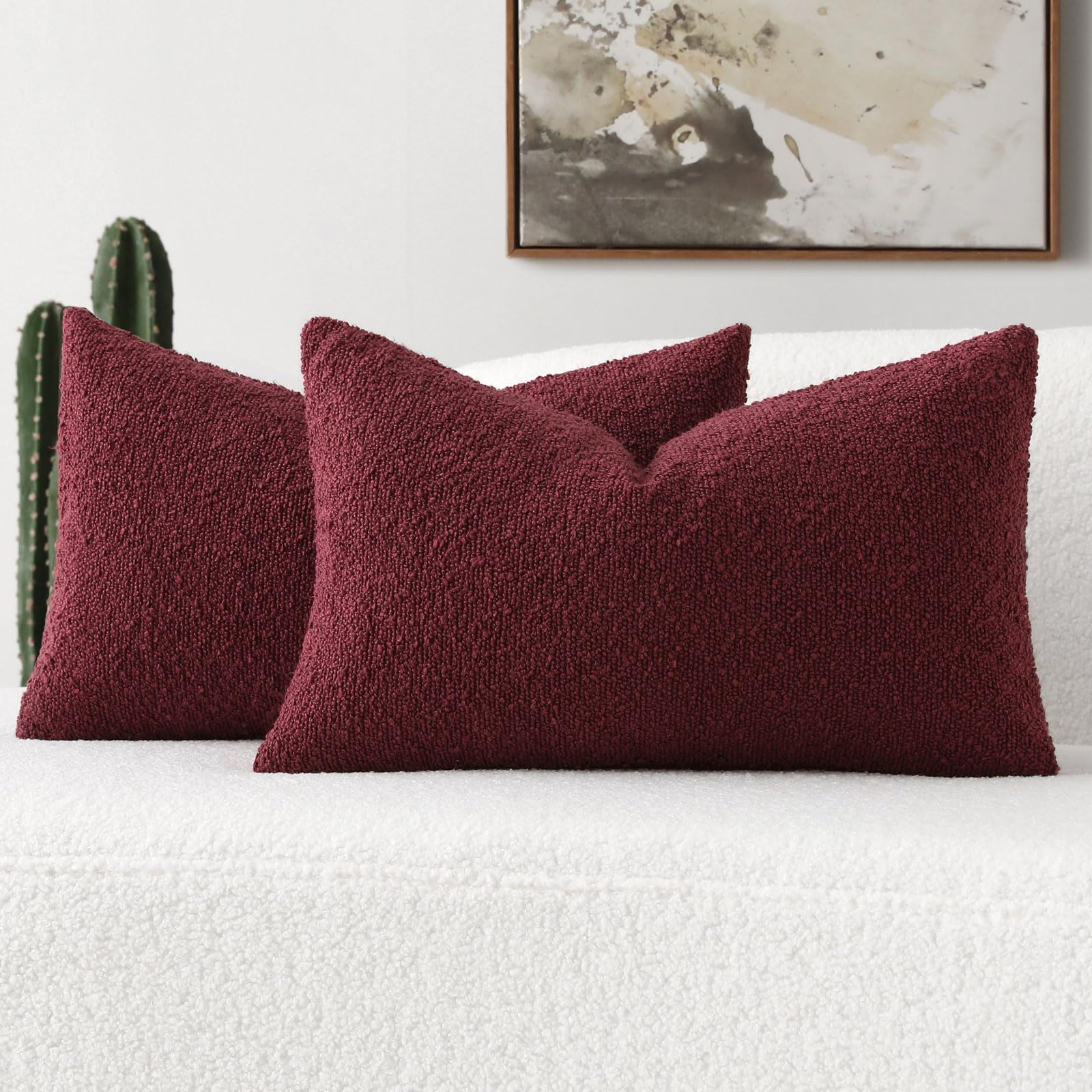 Futei Pack Of 2 Burgundy Boucle Accent Decorative Throw Pillow Covers,12X20 Inch Soft Solid Textured Lumbar Pillow Cases,Home De