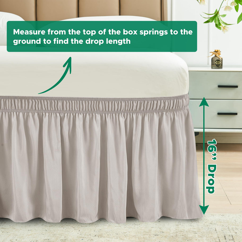 Biscaynebay Wrap Around Bed Skirts For Queen Beds 16' Drop, Camel Grey Adjustable Elastic Dust Ruffles Easy Fit Wrinkle Resistant Silky Luxurious Fabric Machine Washable