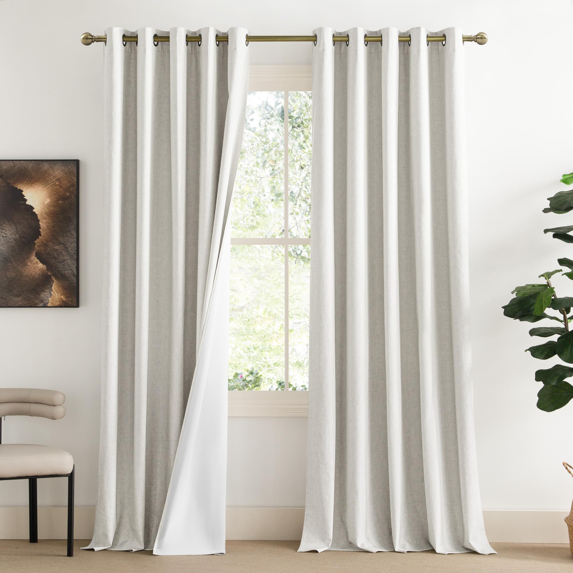 NICETOWN Extra Long Linen 100% Blackout Curtains 120 inches Length 2 Panels Set with Thermal Insulated Liners, Ivory, 62 Width, 