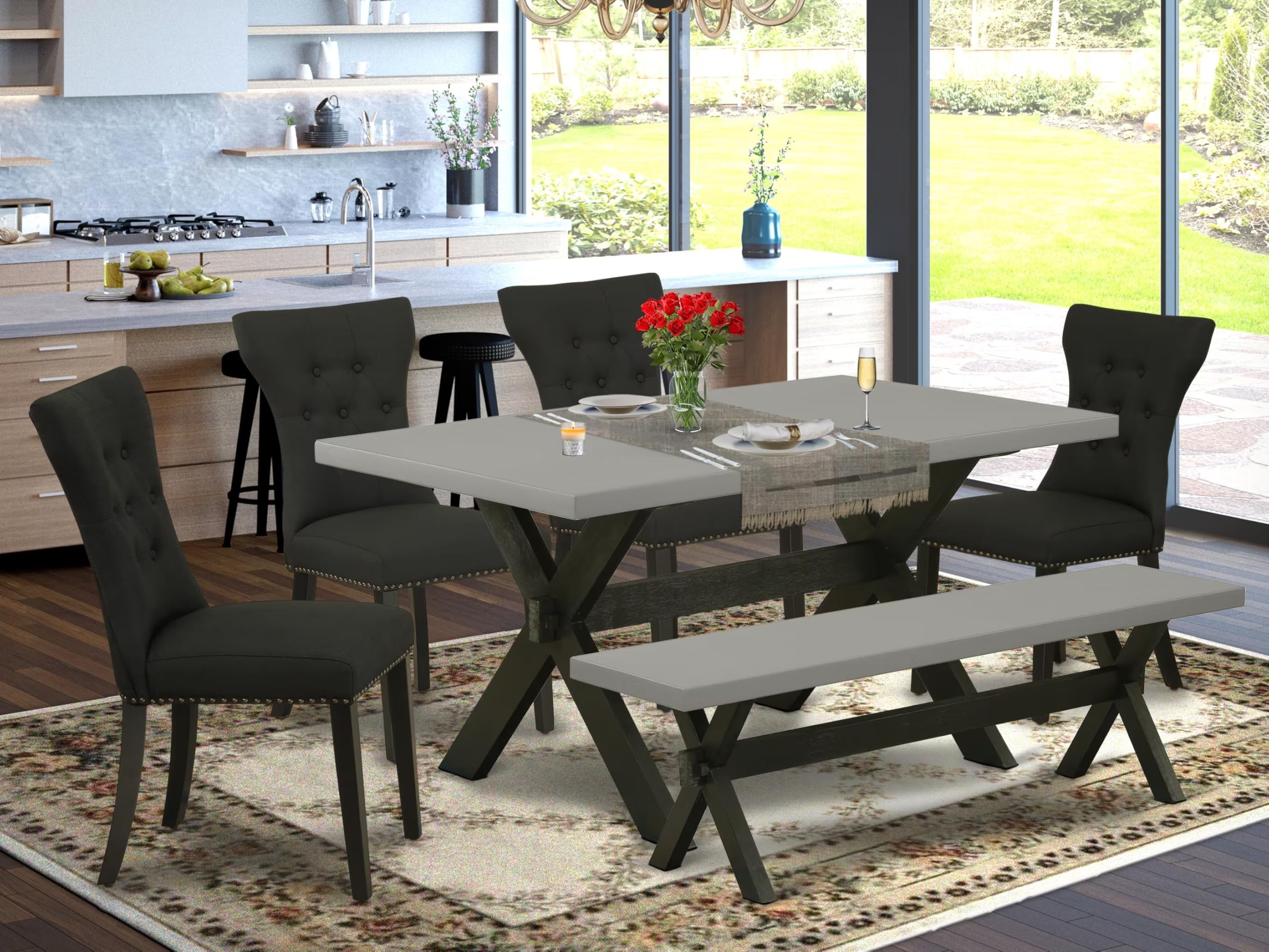 East West Furniture X696Ga124-6 6 Piece Modern Dining Table Set Contains A Rectangle Wooden Table With X-Legs And 4 Black Linen Fabric Parson Chairs With A Bench, 36X60 Inch, Multi-Color