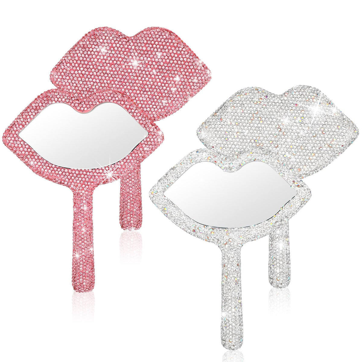 Tatuo 2 Pcs Rhinestone Mirror Handheld Bling Heart Lip Shaped Mirror Glitter Cosmetic Hand Mirror with Handle Portable Cute Trav