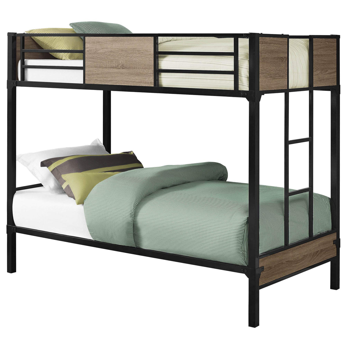 Monarch Specialties Twin Kids Bed With Stairs And Safety Rail Sturdy Metal Frame With Wood Panels Bunk, 65&quot; H, Black/Dark Taupe