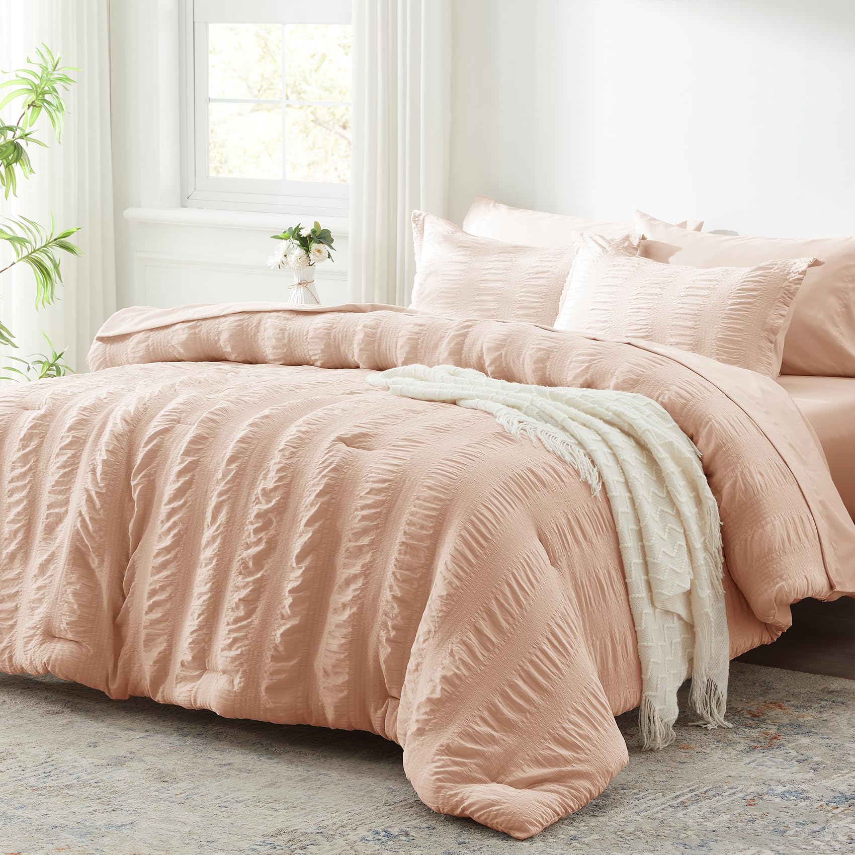 Zzlpp King Comforter Set 7 Pieces, Pink Seersucker Bed In A Bag With Comforter And Sheets, All Season Bedding Sets With 1 Comfor