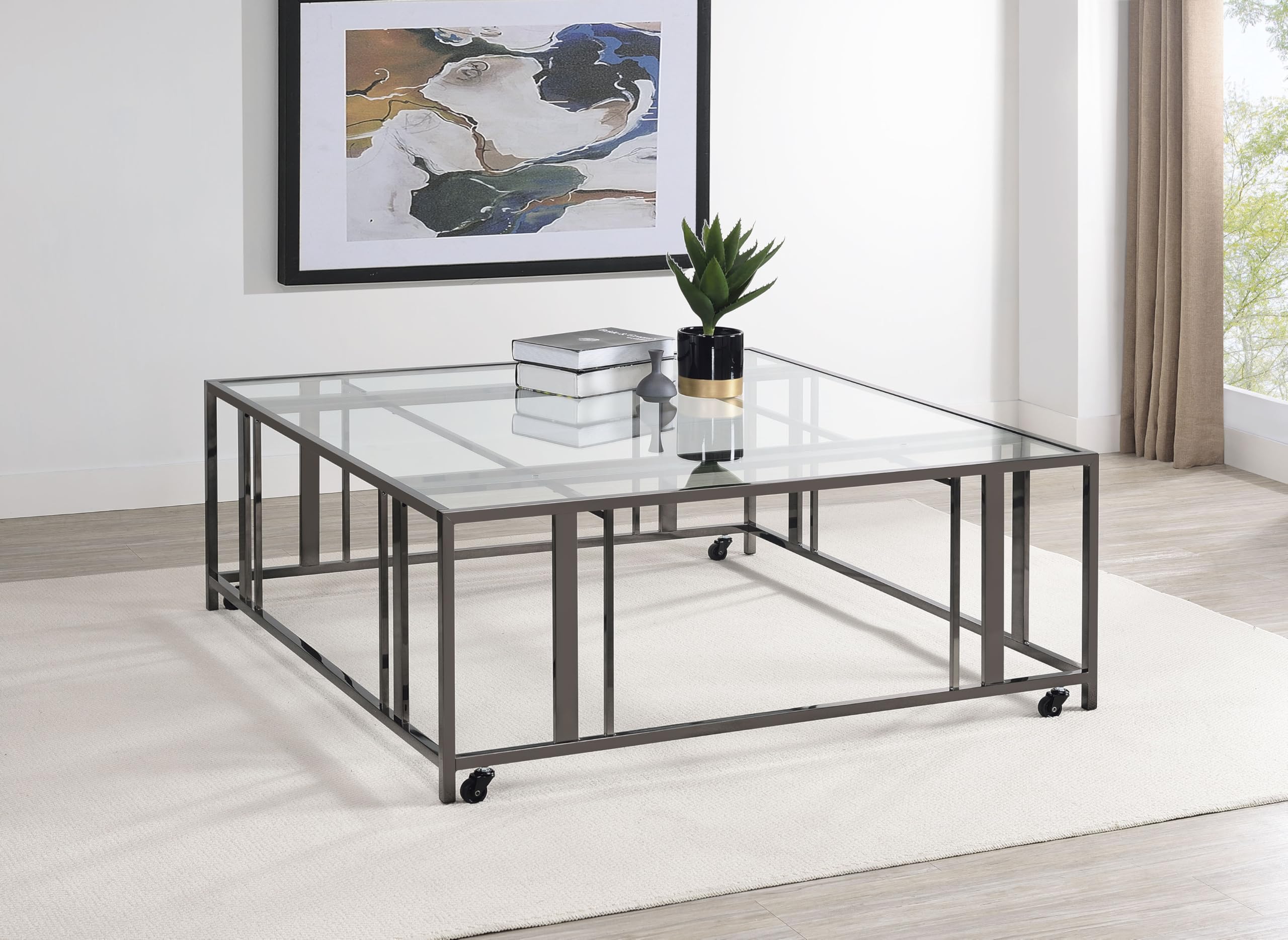 Coaster Home Furnishings Adri Square Glass Top Coffee Table with Casters Black Nickel