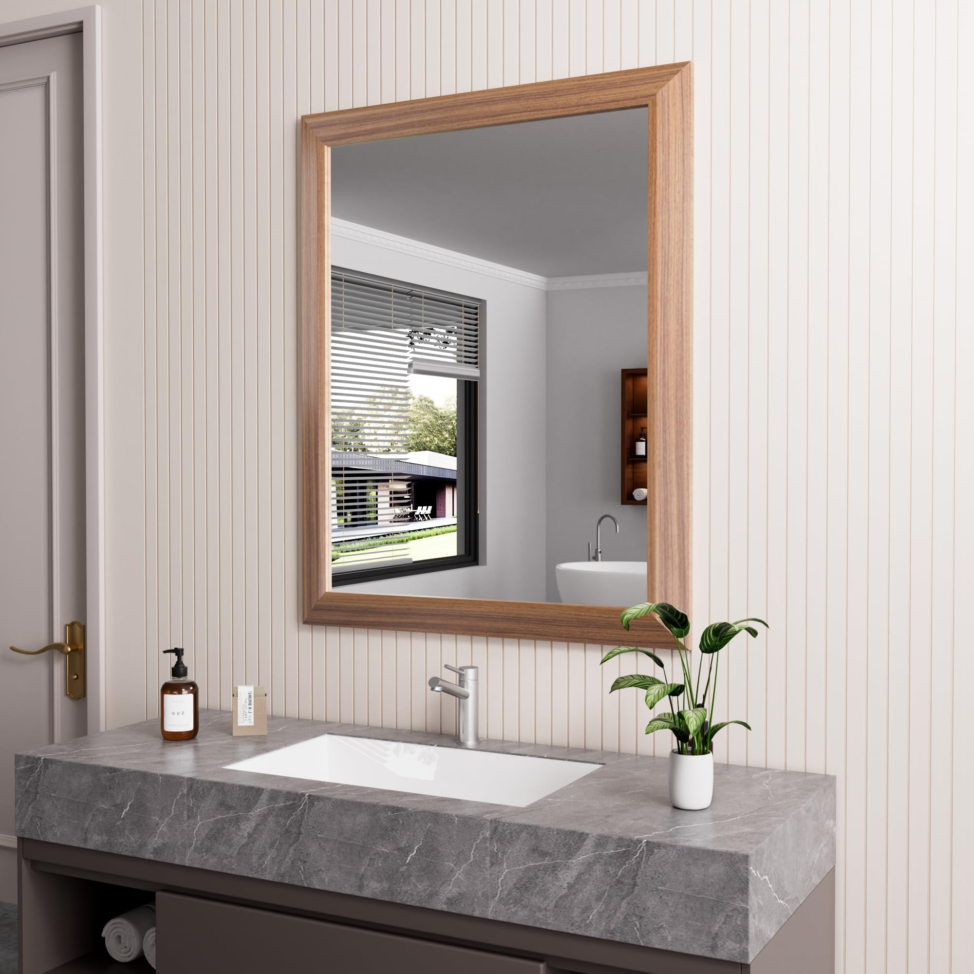Amorho Bathroom Mirror, 48 X36 Inch Wall Mirror, Walnut Wood Grain Metal Framed, Anti-Rust, Hang Horizontally/Vertically, Suitab