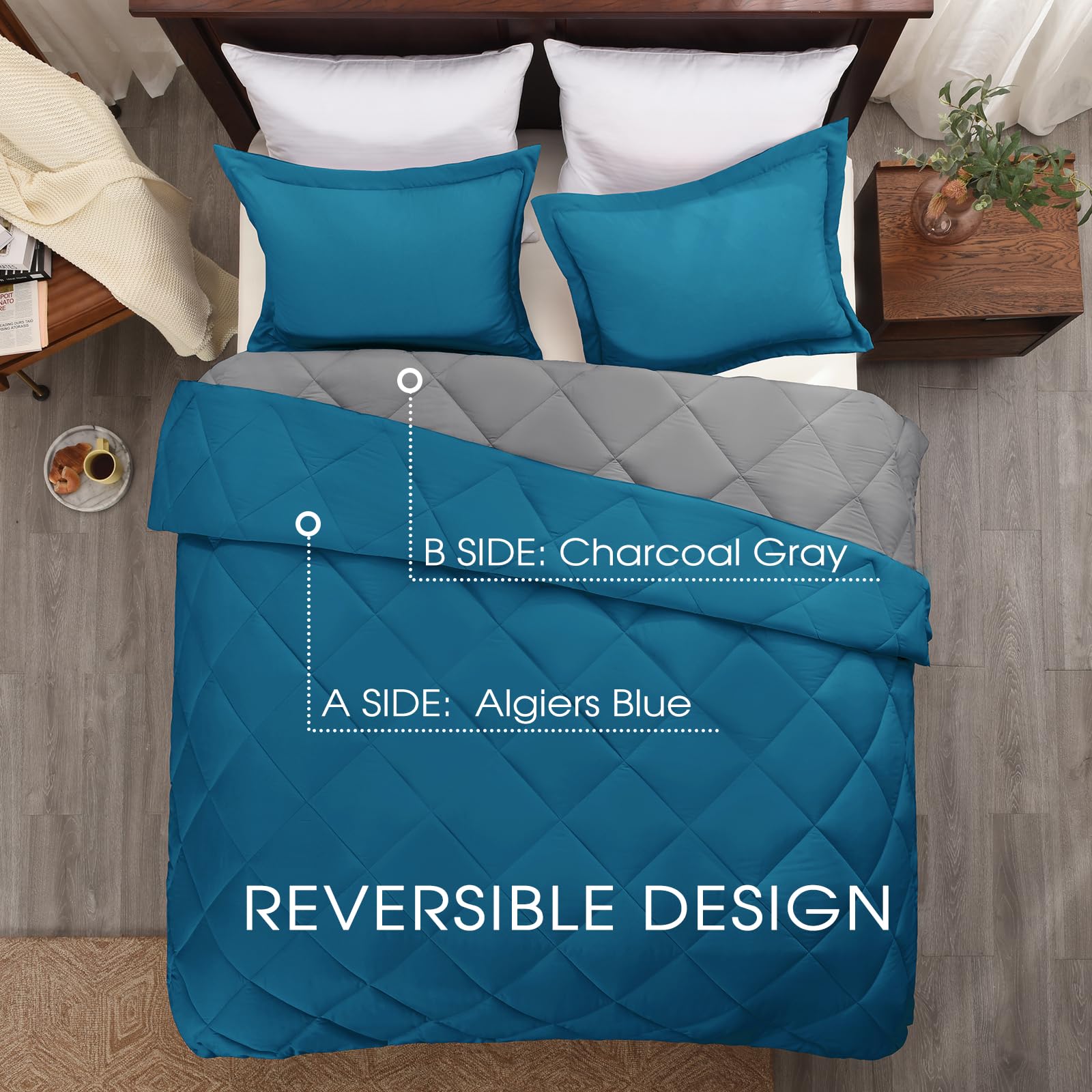 Basic Beyond Queen Comforter Set - Blue Comforter Set Queen, Reversible Bed Comforter Queen Set For All Seasons, Algiers Blue/Charcoal Gray, 1 Comforter (88'X92') And 2 Pillow Shams (20'X26'+2')
