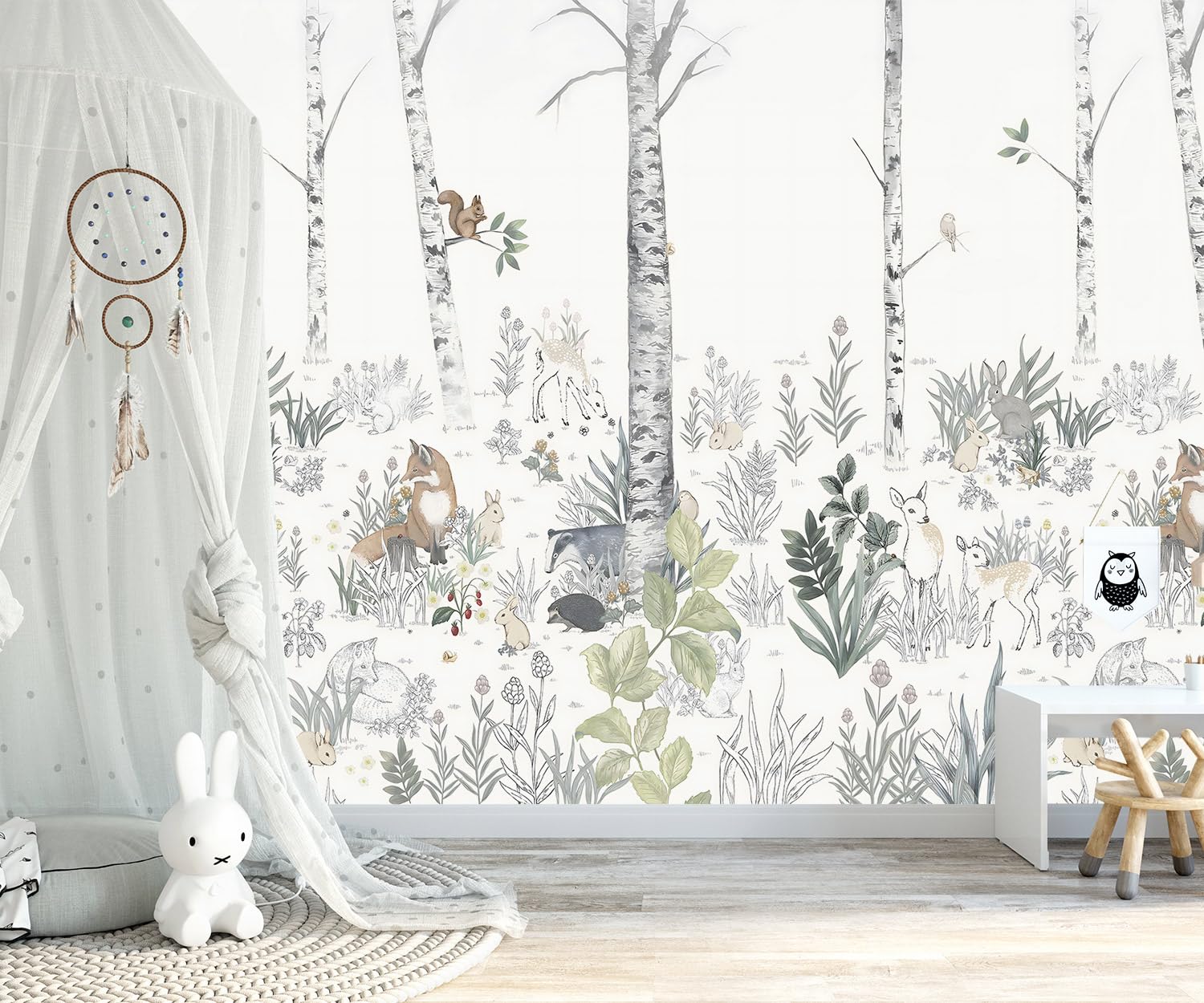 YQWDMX -Nursery Cartoon Woods Hand-Painted Animal Wallpaper Childrens Room XT10 M 140 x 91