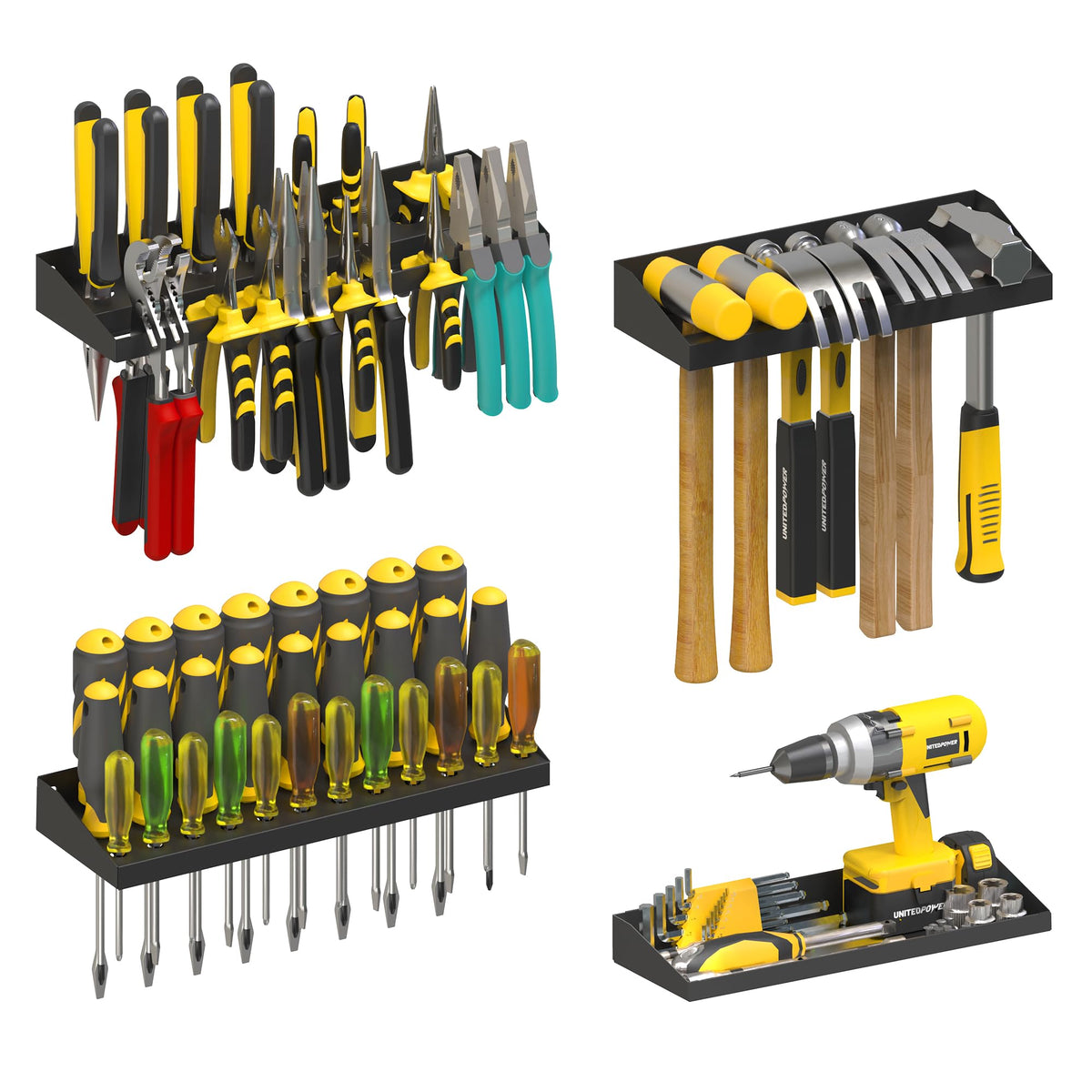 UNITEDPOWER Wall Mount Hand Tool Storage Set, Screwdriver Organizer, Pliers Holder, Hammer Rack, Metal Hardware Tray for Garage 