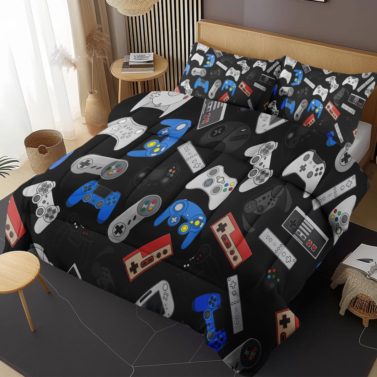 Nesphy Game Retro Queen Comforter Set, Gamepad Black Game Contoller Bedding Set 3 Piece, All Season Soft Toddlers Children Adult